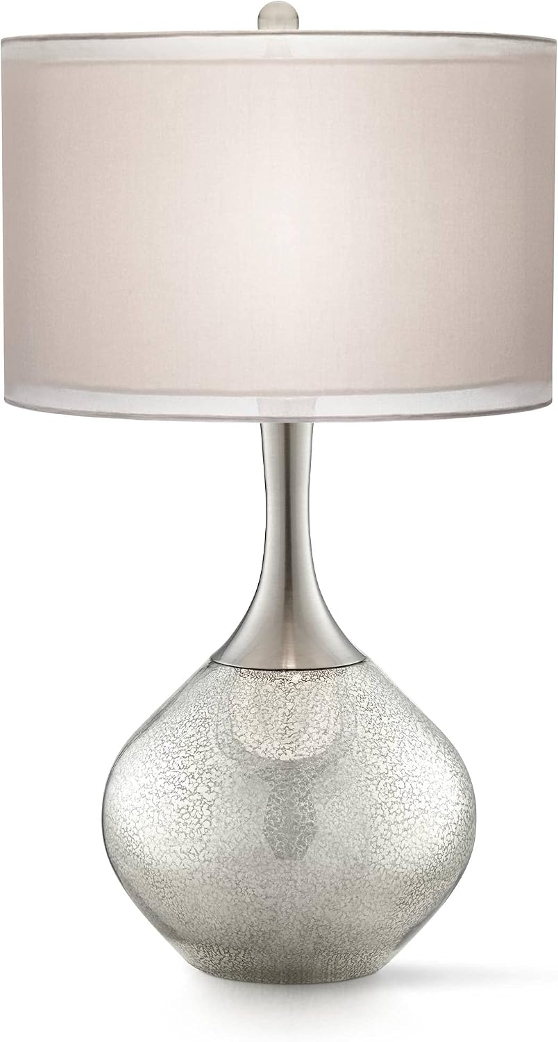 Possini Euro Design Swift Mid Century Modern Table Lamps 30.5' Tall Set of 2 Mercury Glass Chrome Double Sheer Drum Shade Decor Living Room Bedroom House Bedside Nightstand Home Office Entryway