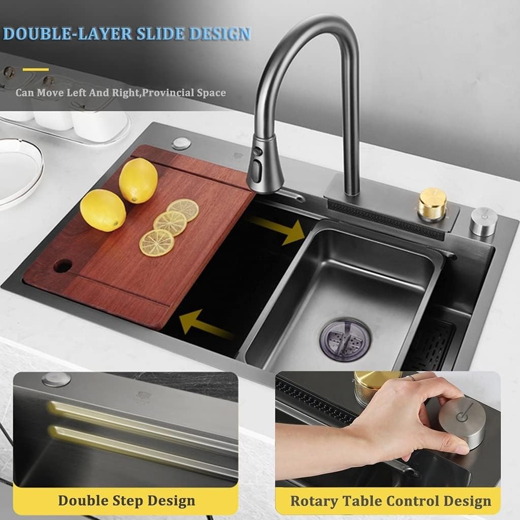 Kitchen Waterfall Sink Stainless Steel Single-Bowl Bar Prep Sink -Coated Workstation Sink with Waterfall Pull-Down Faucet and Cplete Accessory Set (Color : Black, Size : 68x45x21cm)