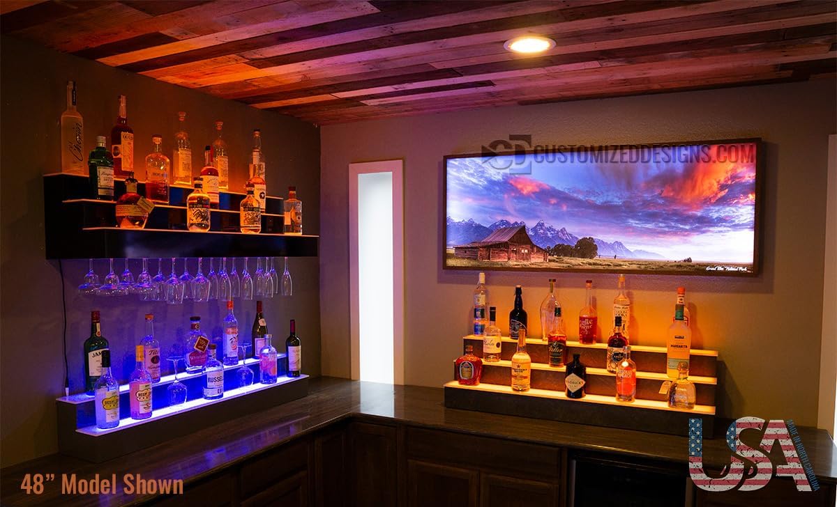 3 Tier Wall Mounted Liquor Bottle Shelving w/Wine Glass Slots & LED Lighting (48)