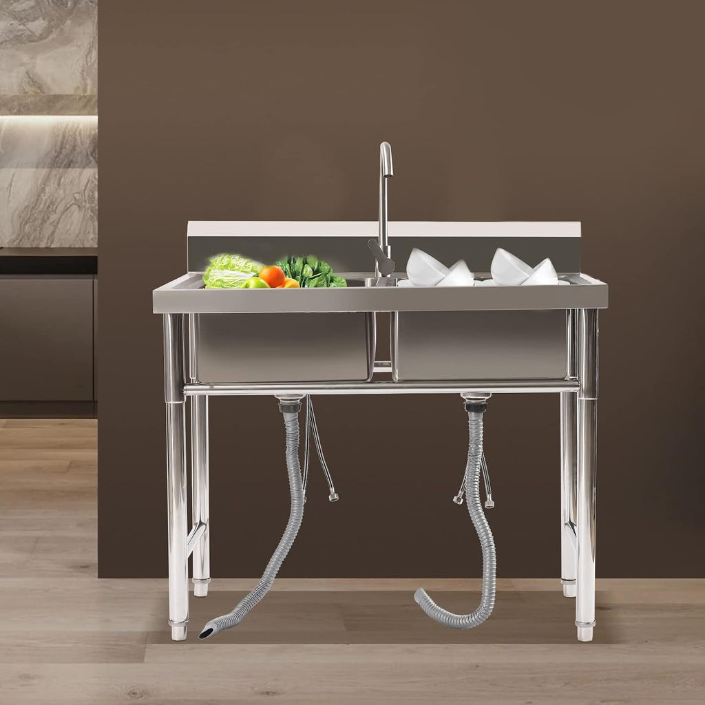 Stainless Steel Sink 2 Compartment Commercial Utility Sink Free Standing Kitchen Sinks with Cold and Hot Water Faucets for Kitchens, Garage, Laundry Room (39.4'W× 23.6'D× 37.4'H)