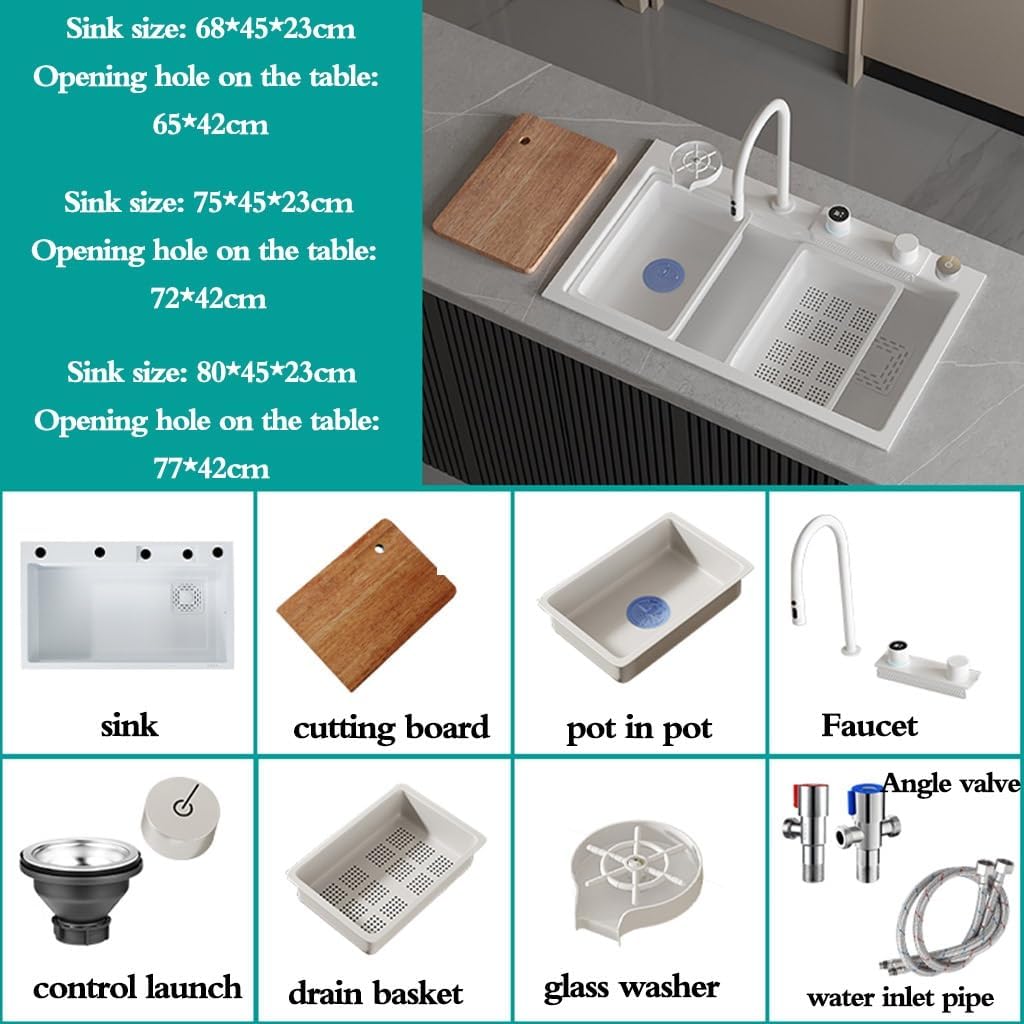 Single Bowl White Smart Digital Display Waterfall Sink Stainless Steel Single Bowl Sink Apartment Kitchen Dishwashiwater Pool Siphon Sink (68 * 45 * 23Cm