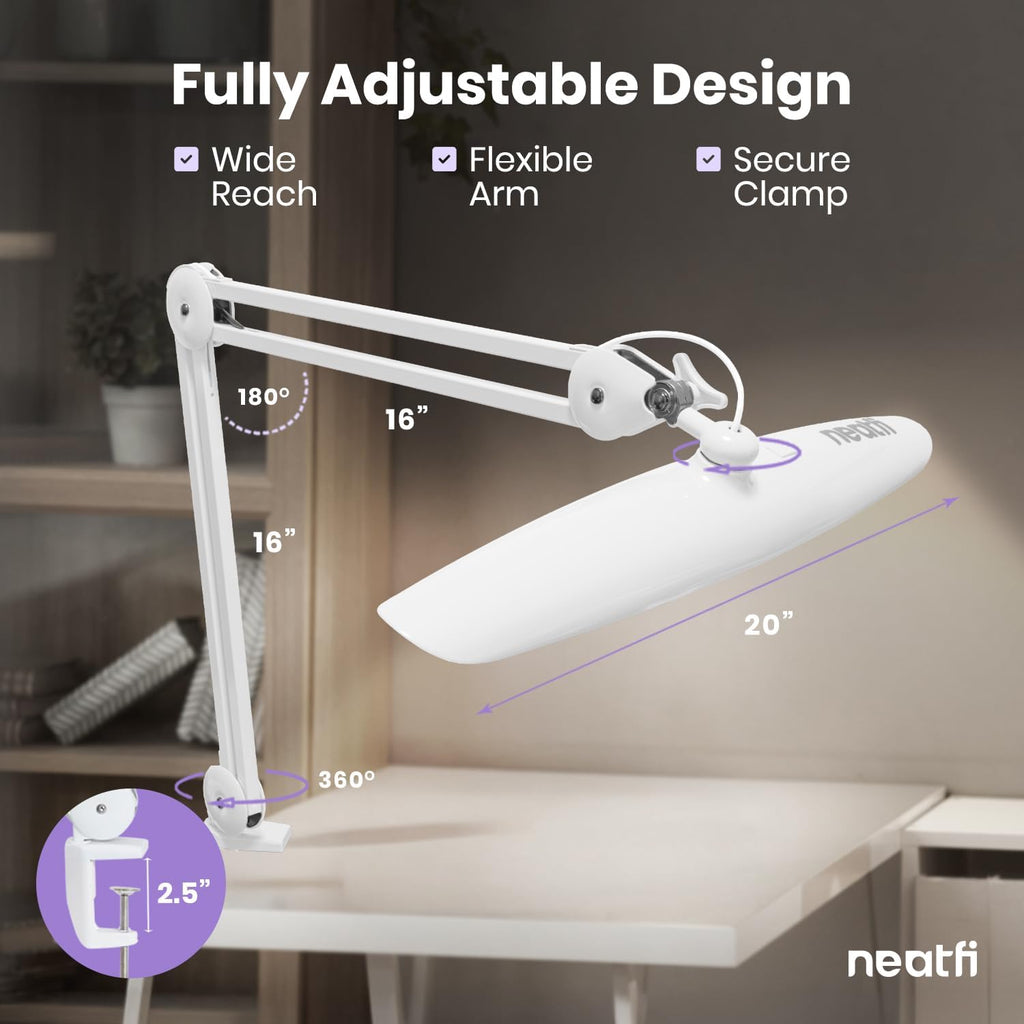 Neatfi XL 2200 Lumens 24W LED Desk Lamp – Shadow-Free Task Lighting | 4-Level Dimming | Home Office & Crafts Use | 20-Inch Wide Head (White, Non-CCT with Clamp)