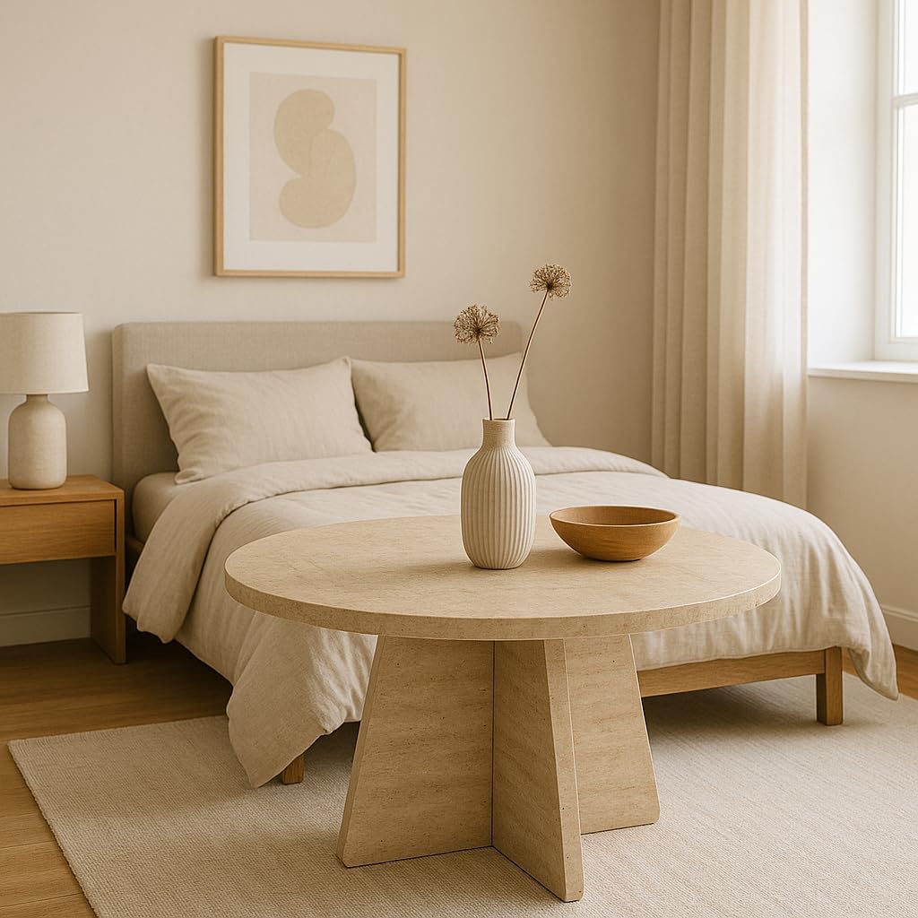 Travertine Efect 28.3 Inches Diameter Coffee Table Modern Side Table for Living Room Accent Table for Sofa or Bedroom (28.3x28.3x16.5 inches)