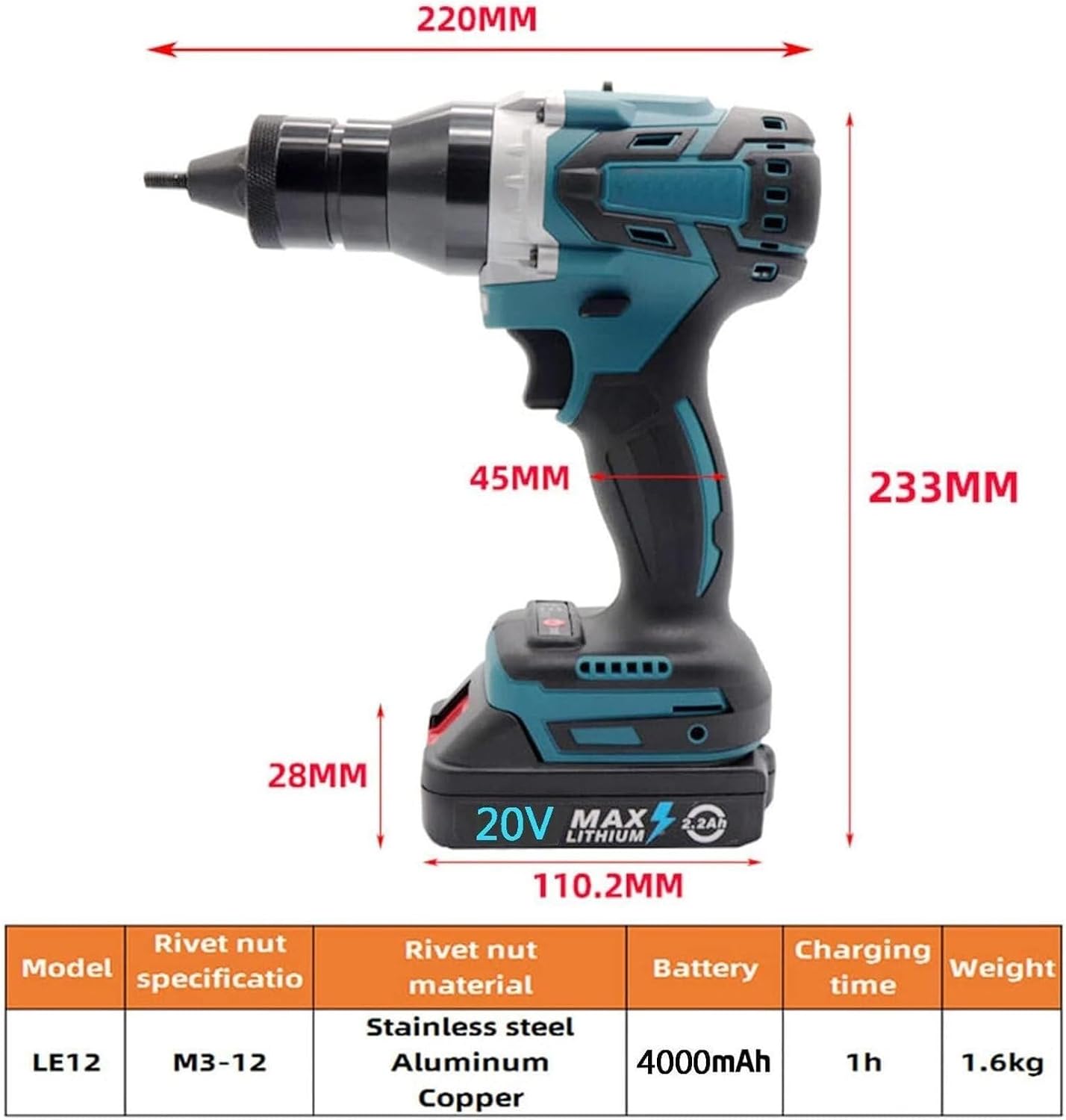 Cordless Riveter Rivet Nut Tool Kit, Heavy Duty Rivet Gun, Pop Rivet Gun Set, Professional Hand Riveter, Manual Riveting Tool, Nuts Include M3 M4 M5 M6 M8 M10 M12 Nut Tools