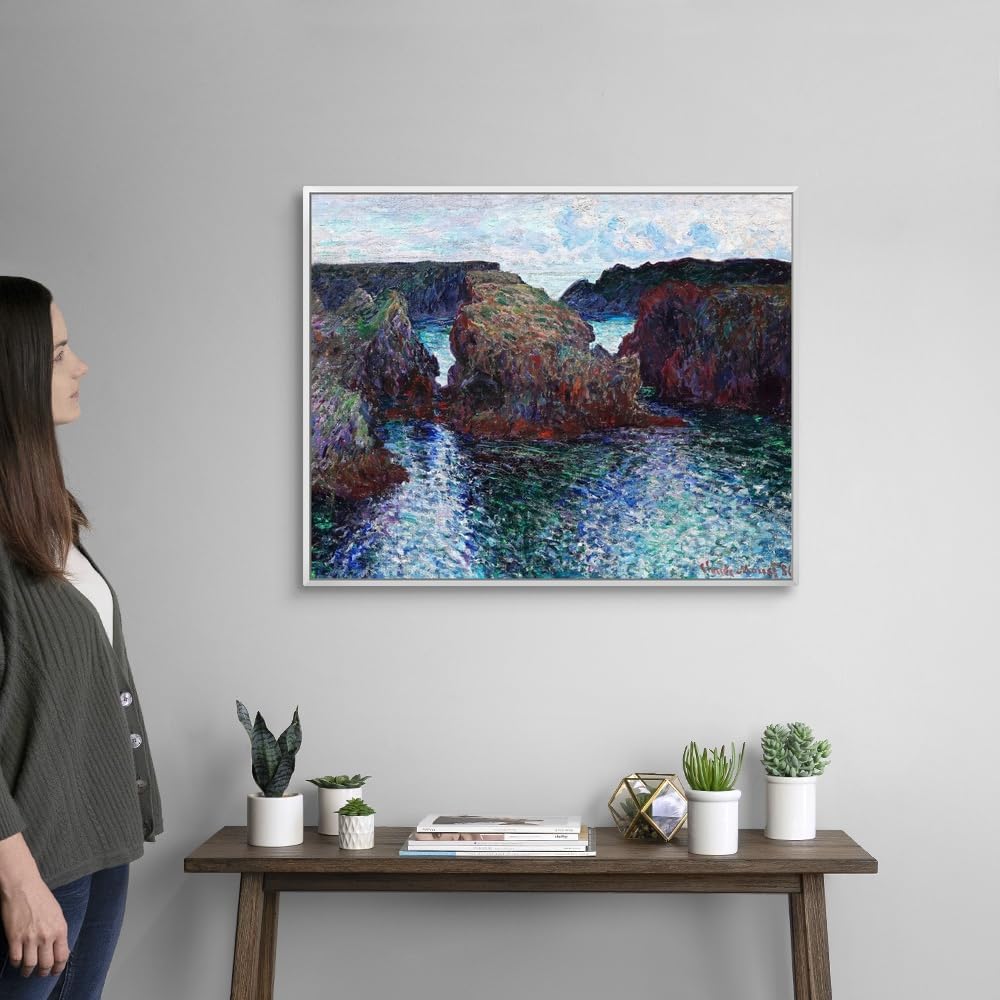 CANVAS ON DEMAND Rocks At Port-Goulphar, Belle-Ile White Float Framed Canvas Wall Art Print by Claude Monet, Classic, Impressionism, Traditional, Home Decor, Ocean Artwork,30' x24in