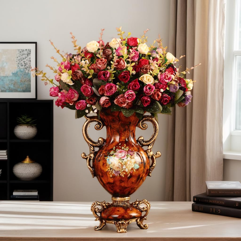 Artificial Flowers in Vase - Vintage Home Decor with Floral Arrangement, Luxury Indoor Table Centerpiece for Living Room, Wedding Party Decoration (European Wood Grain Style)
