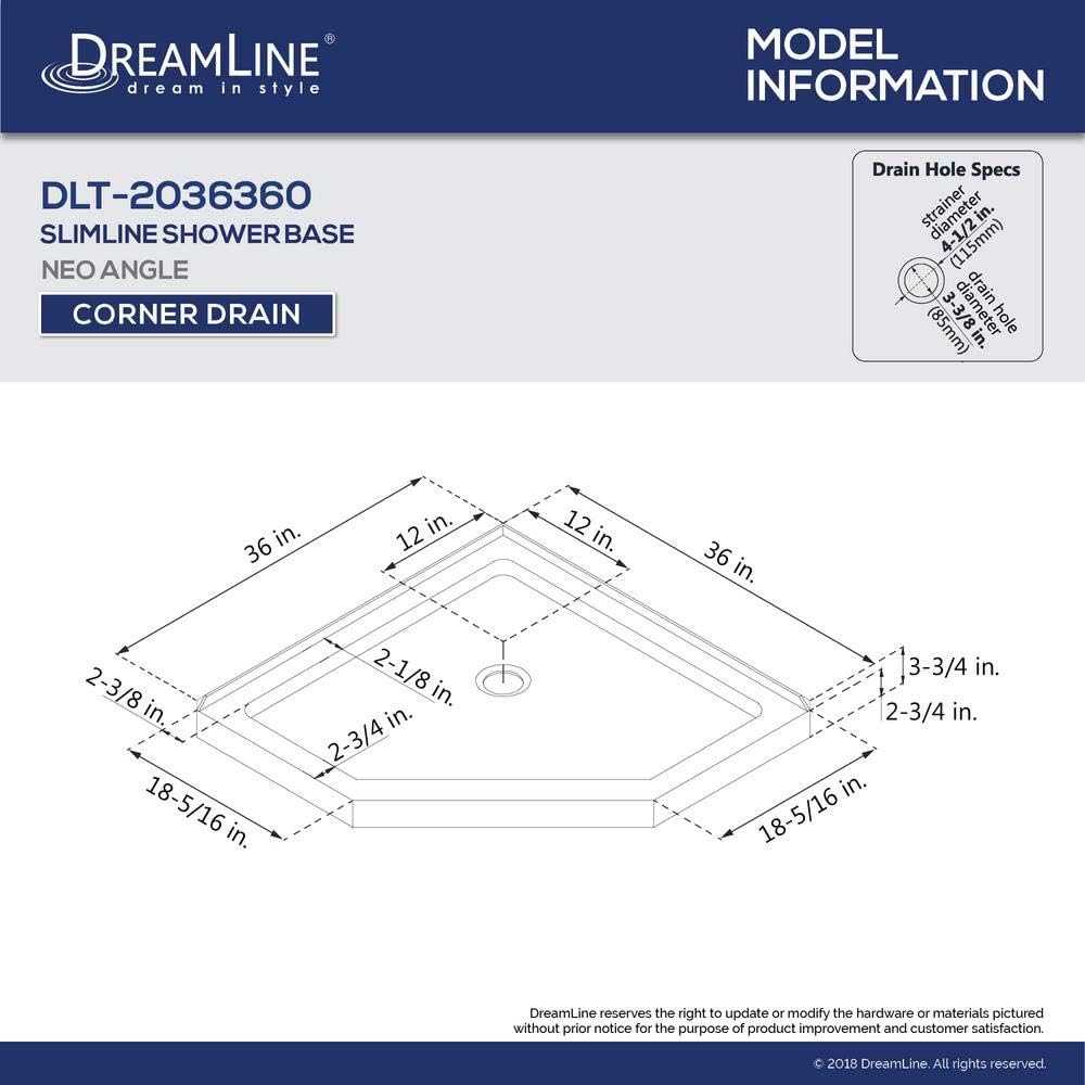DreamLine 36 in. x 36 in. x 76 3/4 in. H Neo-Angle Shower Base and QWALL-4 Acrylic Corner Backwall Kit in White, DL-6044C-01