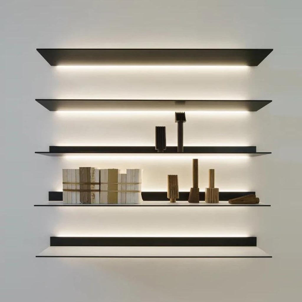 Corner Ledge Wall Shelf,Modern Metal Wall Mounted Floating Display Shelf with Built in LED Light for Commercial Bar Living Room Bathroom Black 23.6in