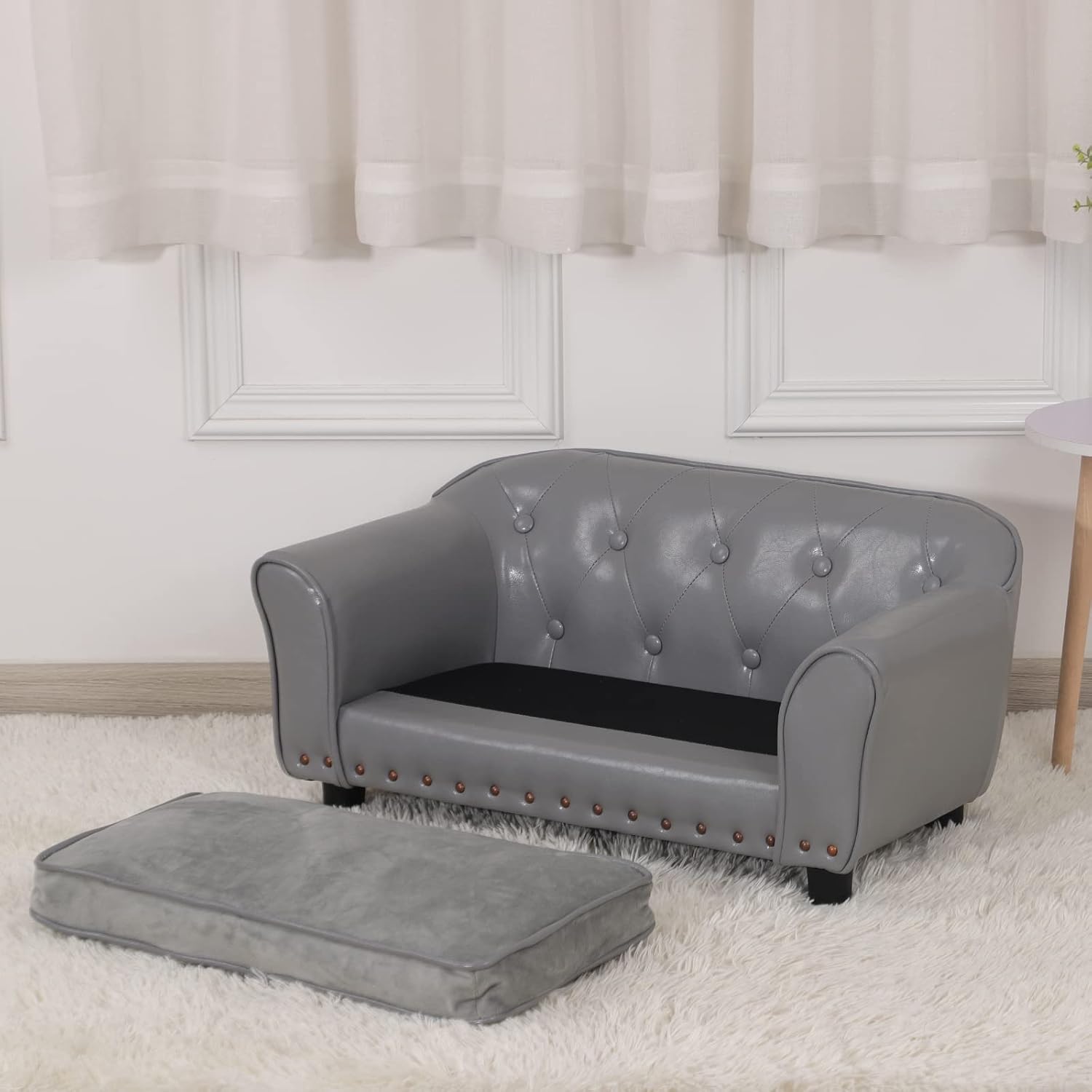 Dog Couch,Puppy Bed,Cat Sofa,Cat Couch,Pet Sofa,Dog Chair,Small Pet Bed,with Copper Nail and Wooden Frame, Leather Fabric and Cushion,for Small Animals Using (Grey)