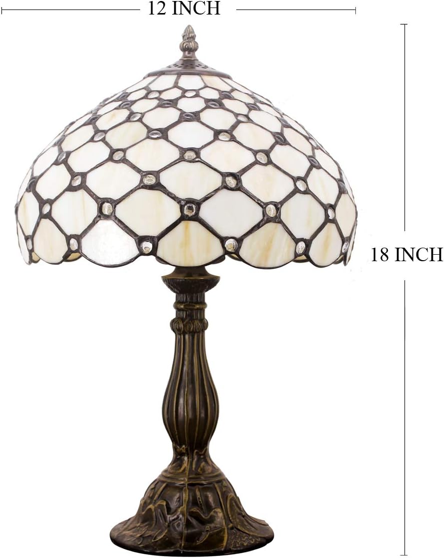 WERFACTORY Tiffany Lamp Cream Amber Stained Glass Bead Table Lamp Desk Bedside Reading Light 12X12X18 Inches Deco Bedroom Living Room Home Office S005 Series