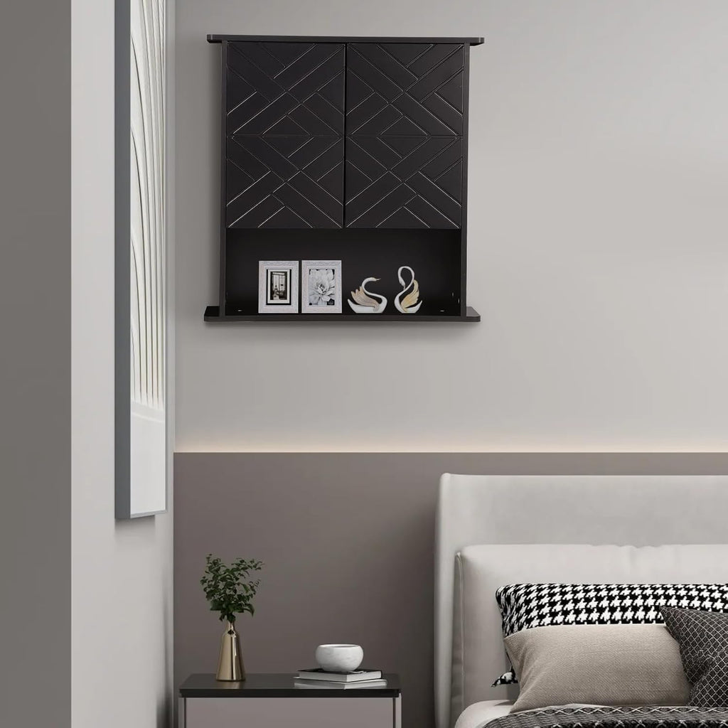 GAOMON Medicine Cabinet with Two Door, Wood Wall Mounted Bathroom Storage Cabinet with Adjustable Shelf and Towel Bar, 2-Tier Cabinet for Bathroom Living Room Laundry Room Kitchen, Black