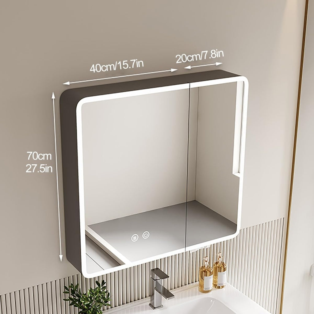Rounded Corner Medicine Cabinet with LED Lights, Anti-Fog Bathroom Mirror Storage Shelf, Wall-Mounted Vanity Mirror for Bathroom, Stylish & Functional Design,Beige,60cm/24in