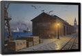 Coastal Harbor Pier Wall Art Canvas Print, Sunset Dock Seagulls Vintage Maritime Painting, Nautical Wall Decor for Living Room Office Bedroom 24x36in