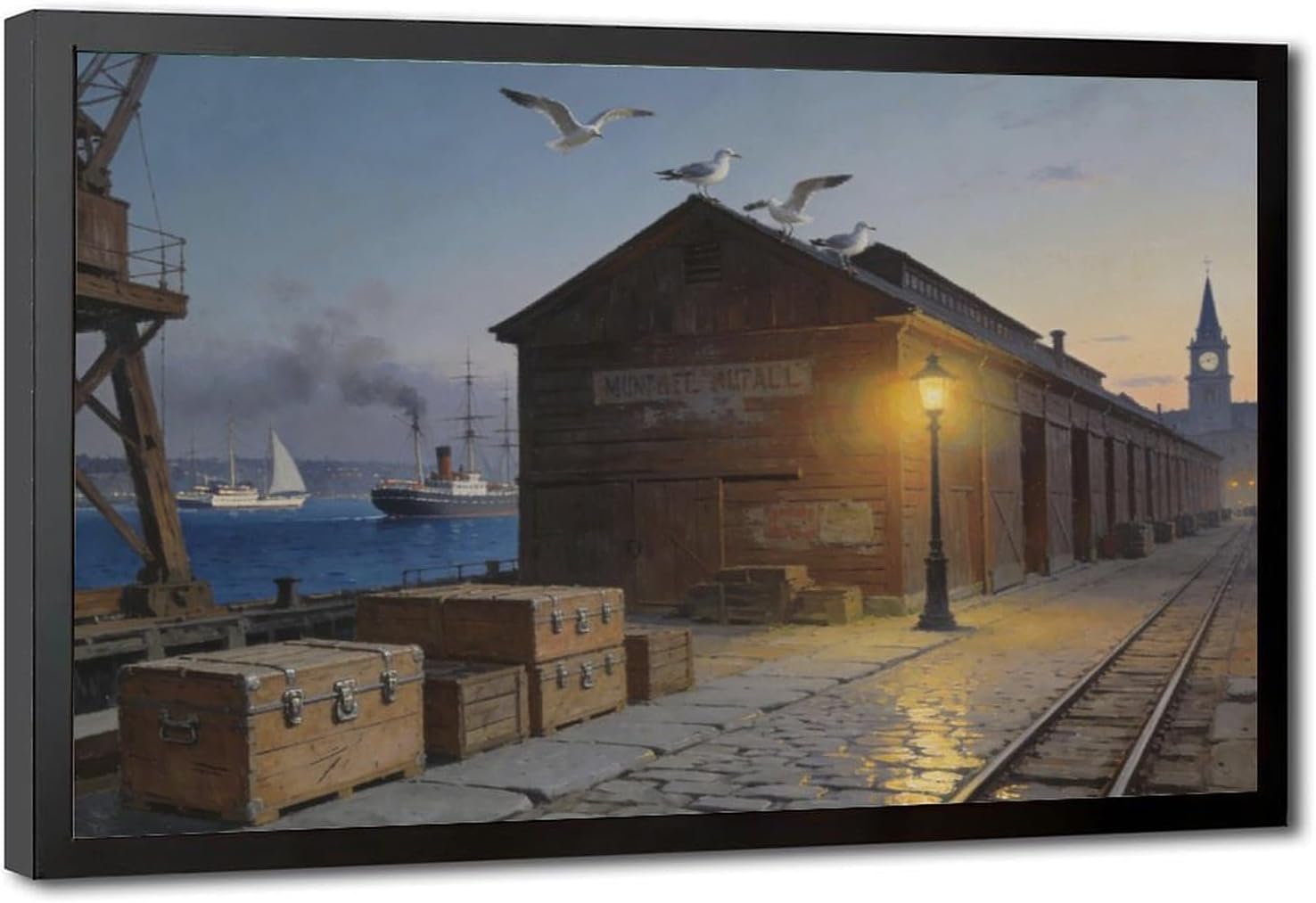 Coastal Harbor Pier Wall Art Canvas Print, Sunset Dock Seagulls Vintage Maritime Painting, Nautical Wall Decor for Living Room Office Bedroom 24x36in