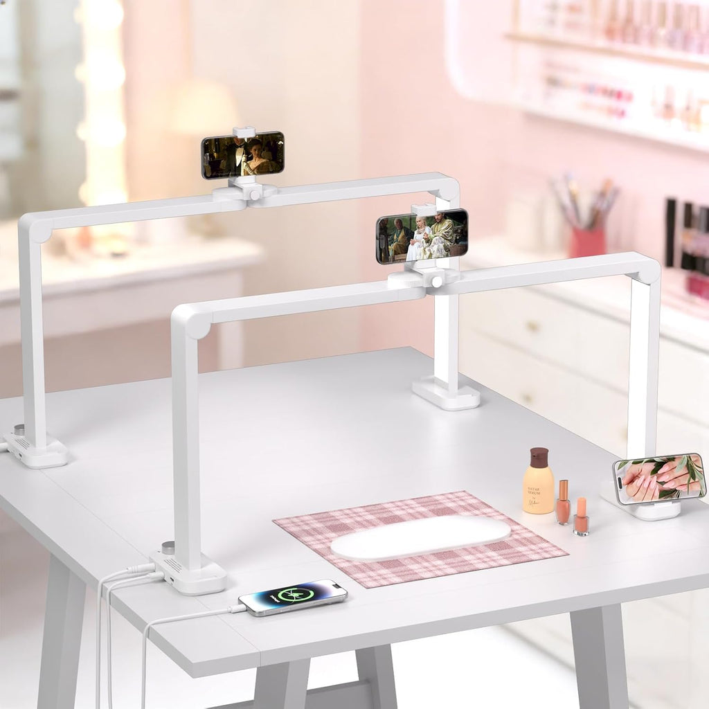 Half Moon Light for Nail Desk, Large Square Table Lamp Suitable for Manicures, Tattoos, Eyelash Extensions, and Sewing, Desk Light with Phone Holder and Charging Port, White, 2 Packs