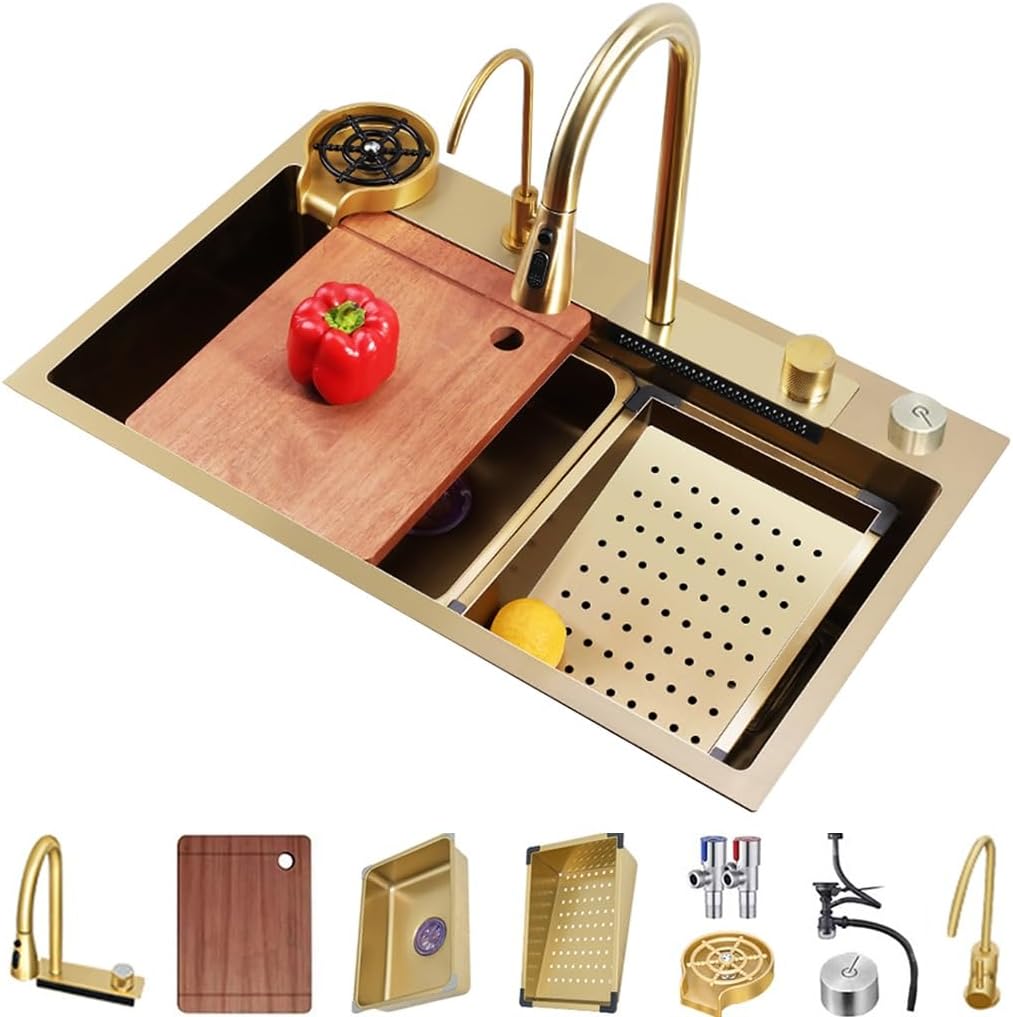 Stainless Steel Single-Bowl Waterfall Sink Multi-functional Golden Kitchen Workstation Sink With Pull-Out Faucet Cup Washer Complete Accessory Set Dual-Mount ( Color : Gold , Size : 75x45x22cm ) (