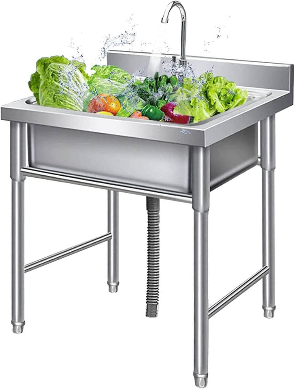 Commercial Kitchen Sink, 304 Stainless Steel Single Bowl Sink, Free Standing Prep & Utility Sink, Washing Hand Basin for Restaurant, Laundry, Garden, Outdoor