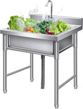 Commercial Kitchen Sink, 304 Stainless Steel Single Bowl Sink, Free Standing Prep & Utility Sink, Washing Hand Basin for Restaurant, Laundry, Garden, Outdoor