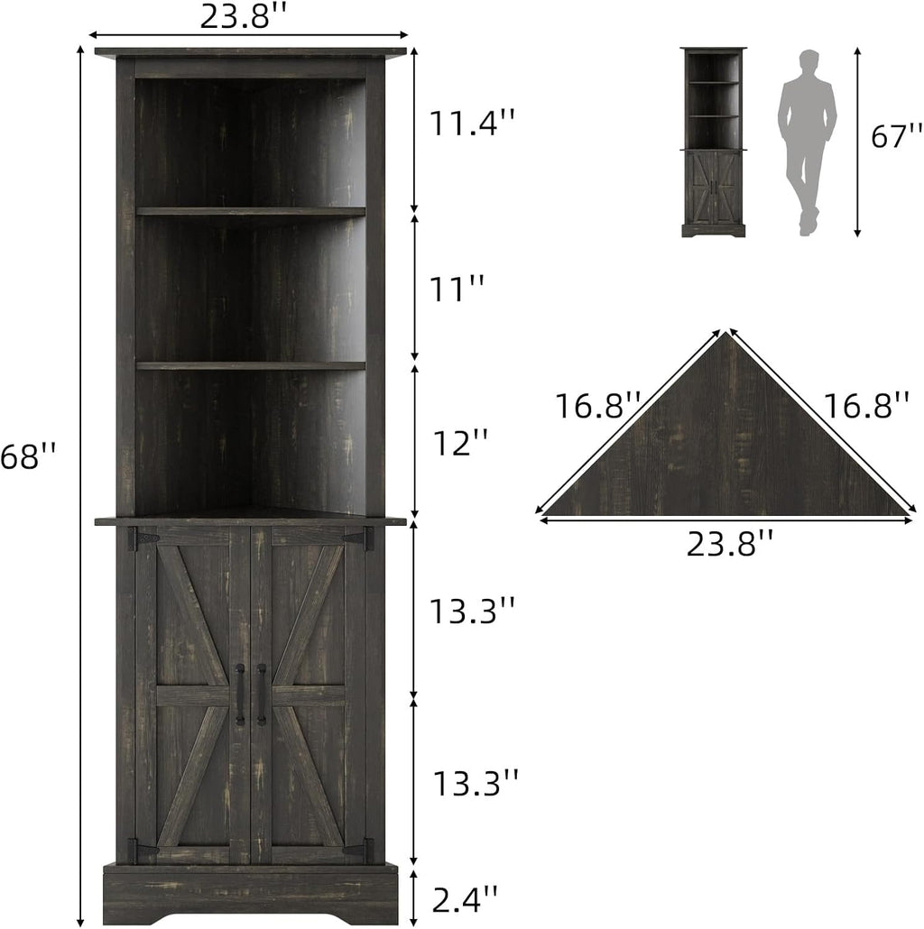 4 EVER WINNER Farmhouse Corner Cabinet, 68' Tall Corner Cabinet with 5-Tier Adjustable Shelves and Barn Doors for Small Spaces, Living Room, Dining Room, Hallway, Bathroom, Kitchen, Rustic Oak