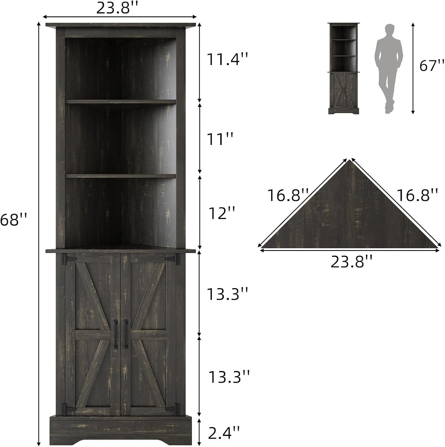 4 EVER WINNER Farmhouse Corner Cabinet, 68' Tall Corner Cabinet with 5-Tier Adjustable Shelves and Barn Doors for Small Spaces, Living Room, Dining Room, Hallway, Bathroom, Kitchen, Rustic Oak