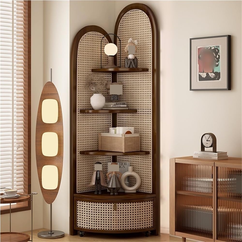 Multi-Functional Corner Shelf, Solid Wood Rattan Triangular Cabinet, 4-Tier Floor Standing Bookshelf for Living Room, Bedroom(Brown)