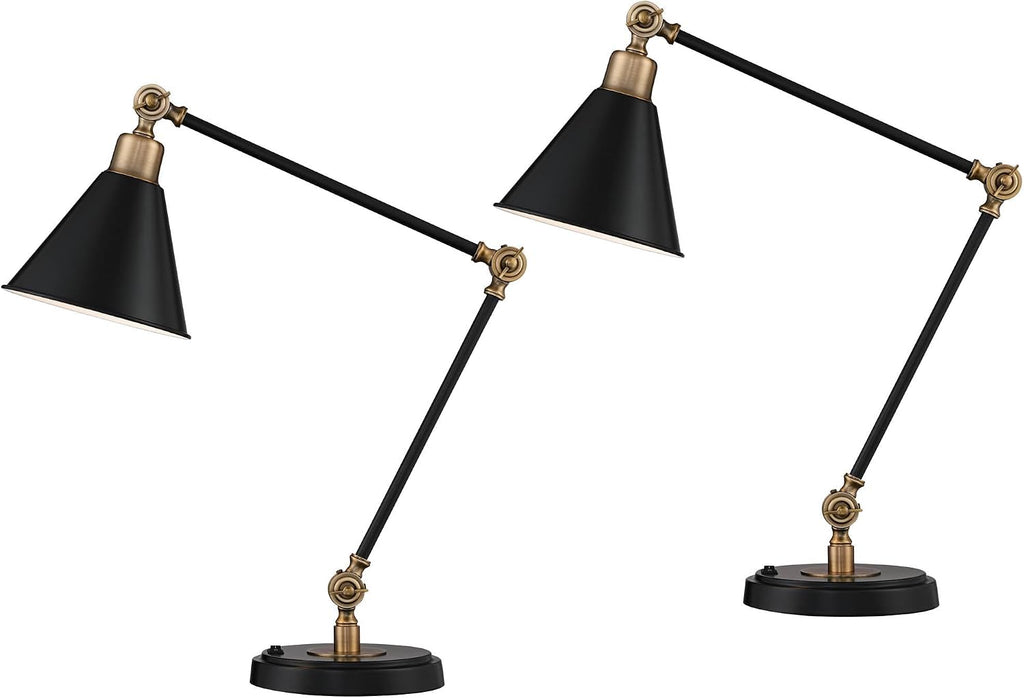 360 Lighting Wray 26 3/4' Tall Industrial Modern Desk Lamps Set of 2 USB Port Adjustable Black Brass Finish Metal Shade Home Office Living Room Charging Bedroom Bedside Nightstand House Reading