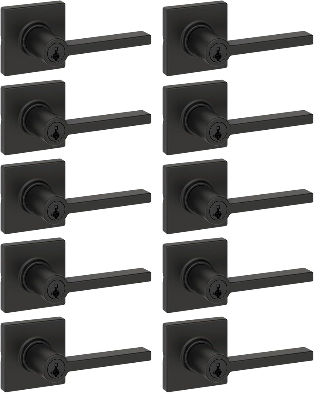 Kwikset Casey Entry Door Handle with Lock and Key, Secure Keyed Reversible Lever Exterior, for Front Entrance and Bedrooms, Matte Black, 10 Pack, Pick Resistant SmartKey Rekey Security and Microban