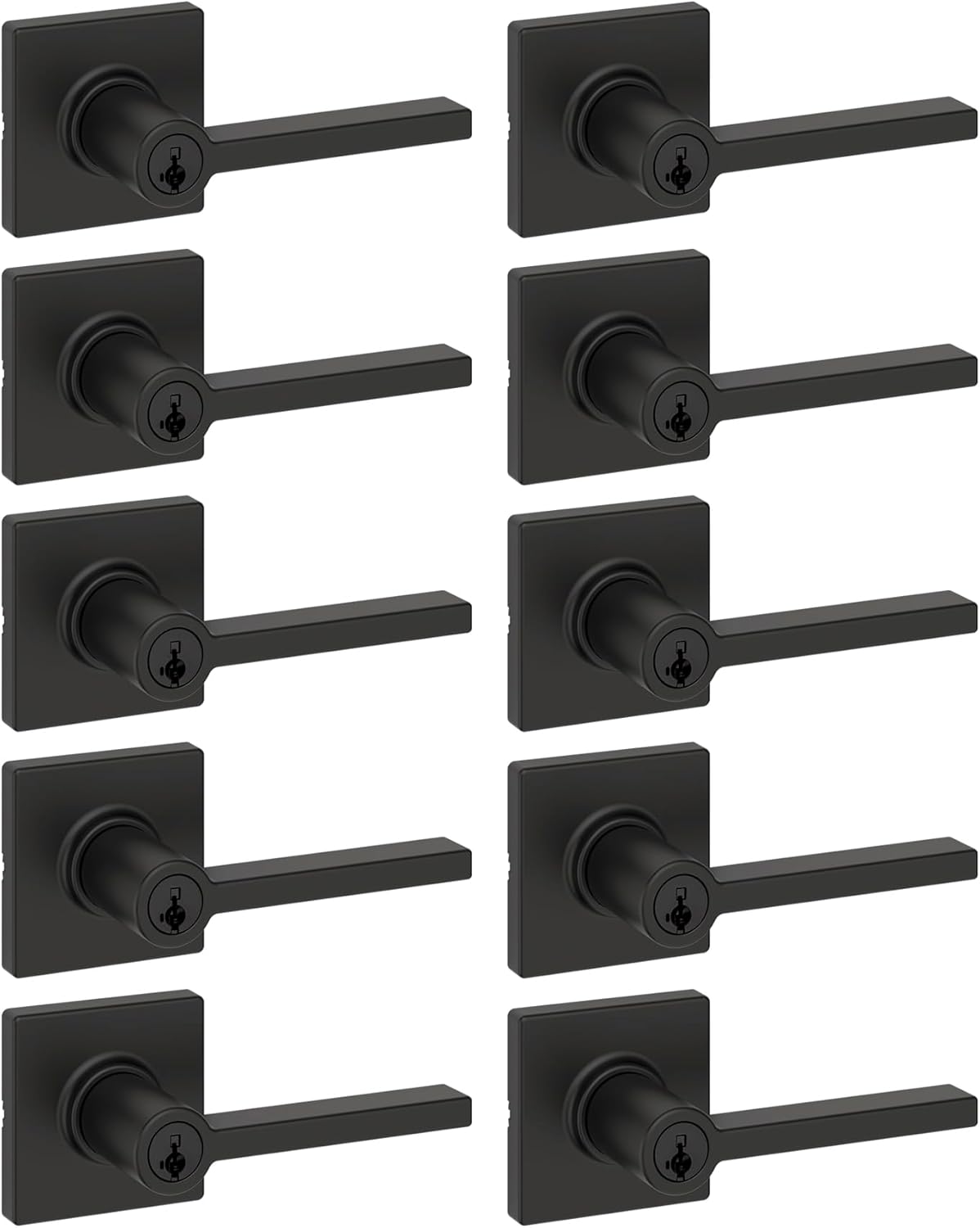 Kwikset Casey Entry Door Handle with Lock and Key, Secure Keyed Reversible Lever Exterior, for Front Entrance and Bedrooms, Matte Black, 10 Pack, Pick Resistant SmartKey Rekey Security and Microban