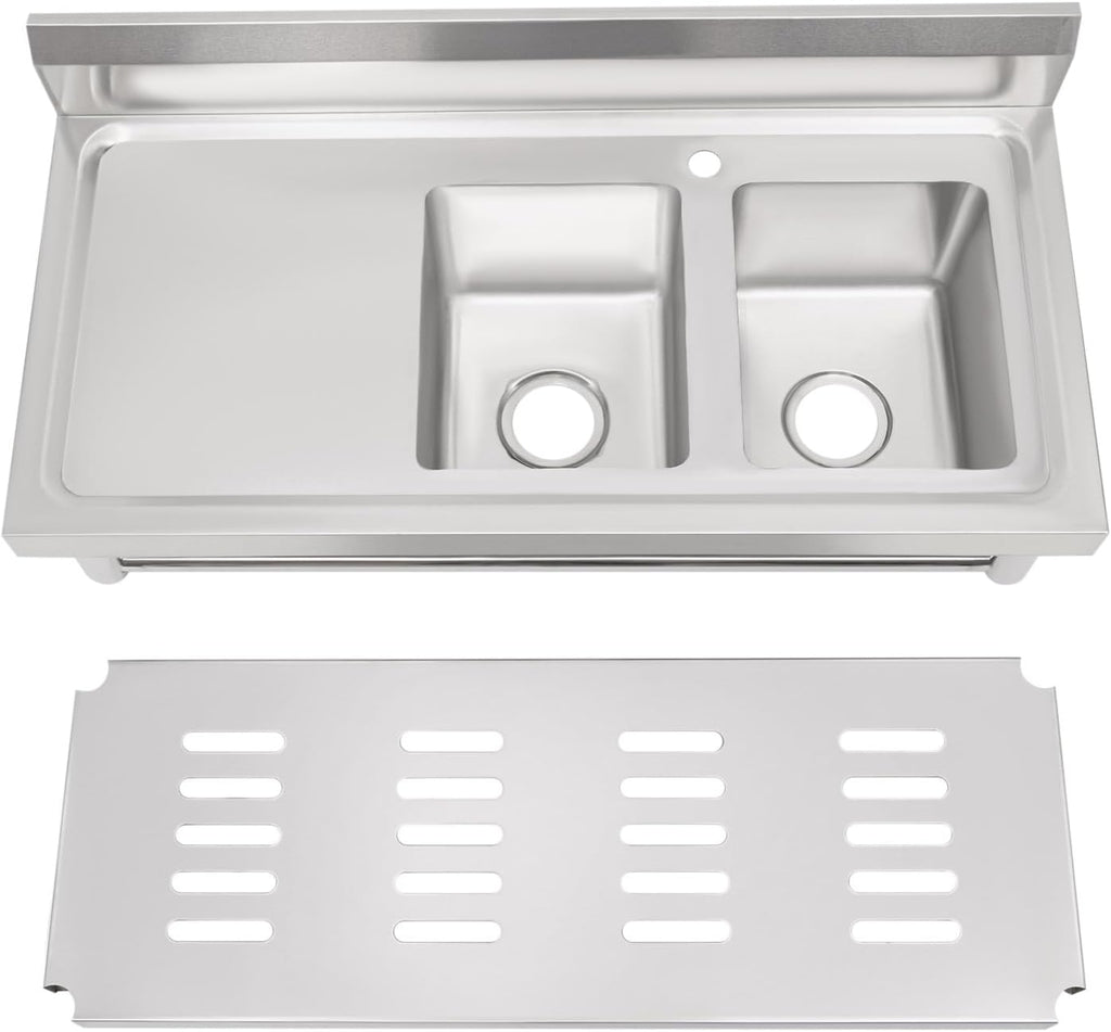 Stainless Steel Sink 2 Compartment Commercial Utility Sink Free Standing Kitchen Sinks with Cold and Hot Water Faucets for Kitchens, Garage, Laundry Room (39.4'W x 19.7'D x 36.6'H)