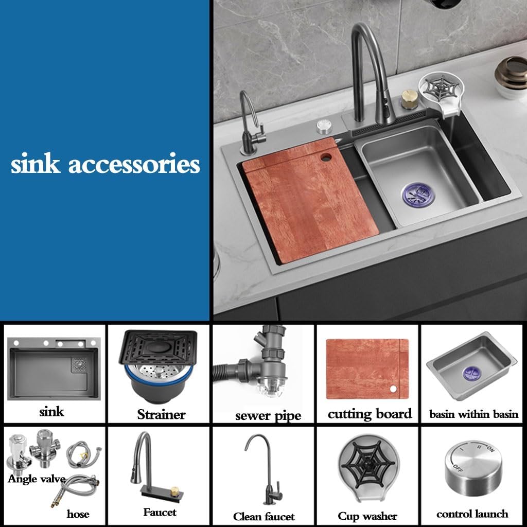 Kitchen Sinks, Single Bowl Siphon Sink Multifunctional Kitchen Sink Household Dishwashidishes Basin Large Single Bowl Sink (75 * 46 * 22Cm