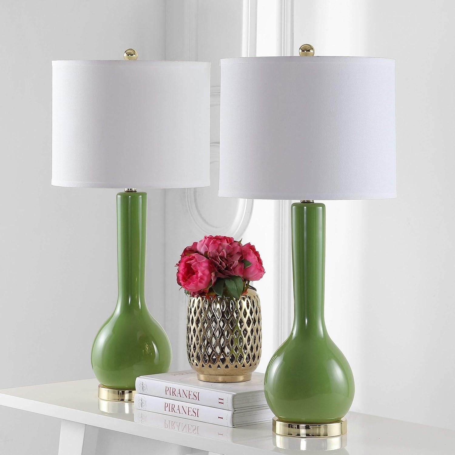 SAFAVIEH Lighting Collection Mae Long Neck Modern Contemporary Green Ceramic 31-inch Bedroom Living Room Home Office Desk Nightstand Table Lamp Set of 2 (LED Bulbs Included)