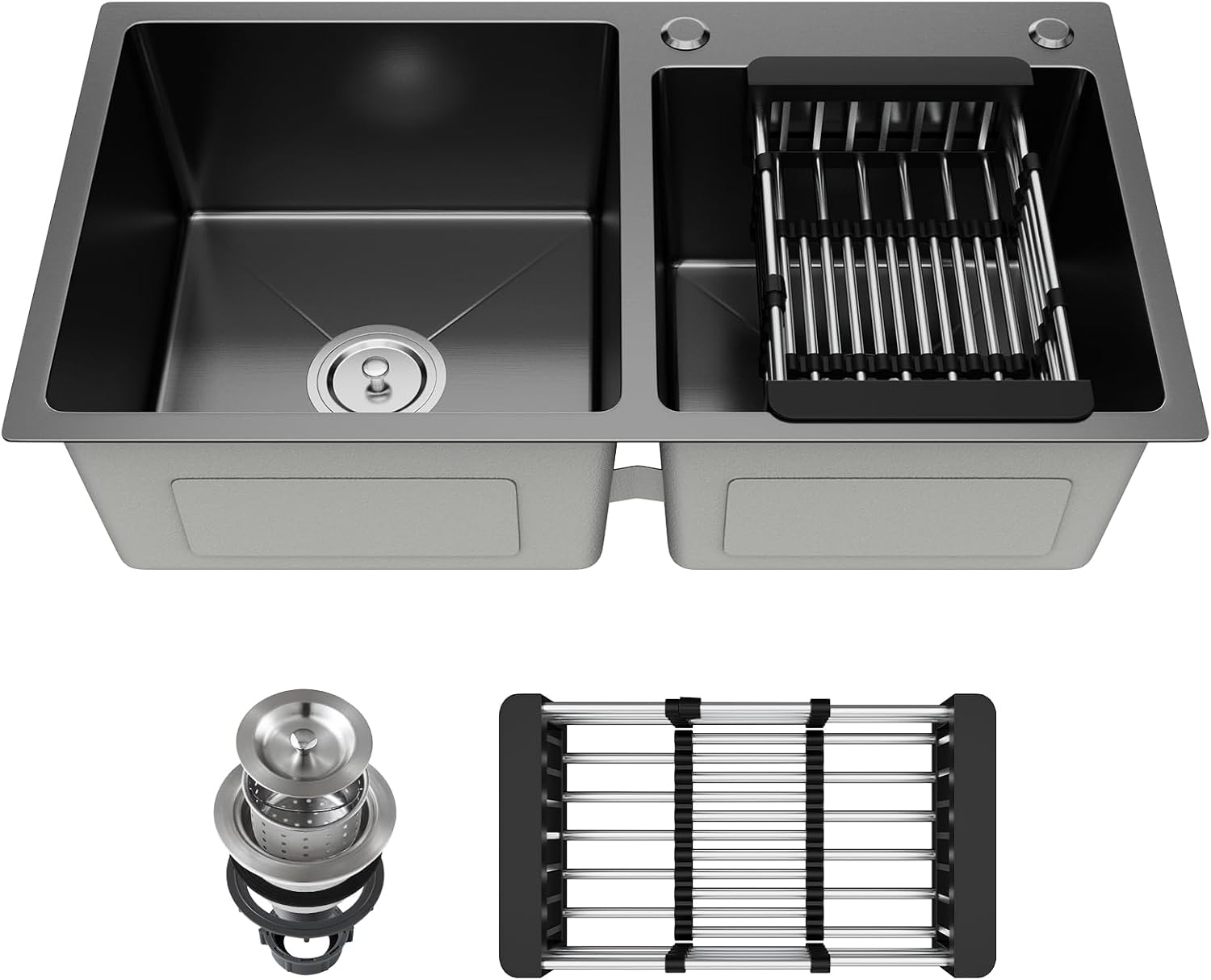 31' x 18' Black Double Bowl Kitchen Sink, Drop-in/Topmount 304 Stainless Steel Sink with Nano Coating & Accessories Set