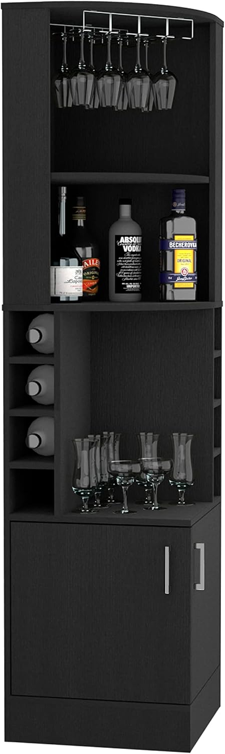 Cairo Corner Bar Cabinet with Glass Rack, Multiple Shelves, and 8 Wine Cubbies, Black – Home Bar Wine & Liquor Storage Cabinet for Home Bar, Living Room & Dining Room