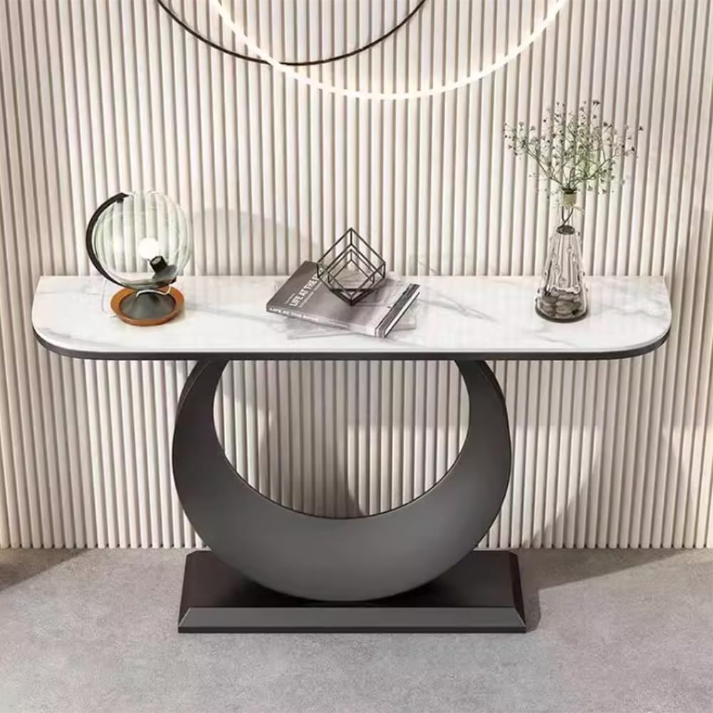 GRRICEPL Console Table with Circle Base, Slate Side Table, Living Room Sofa Side Table, Metal Frame Bedroom Bedside Table(Black-A,150X30X80 CM)