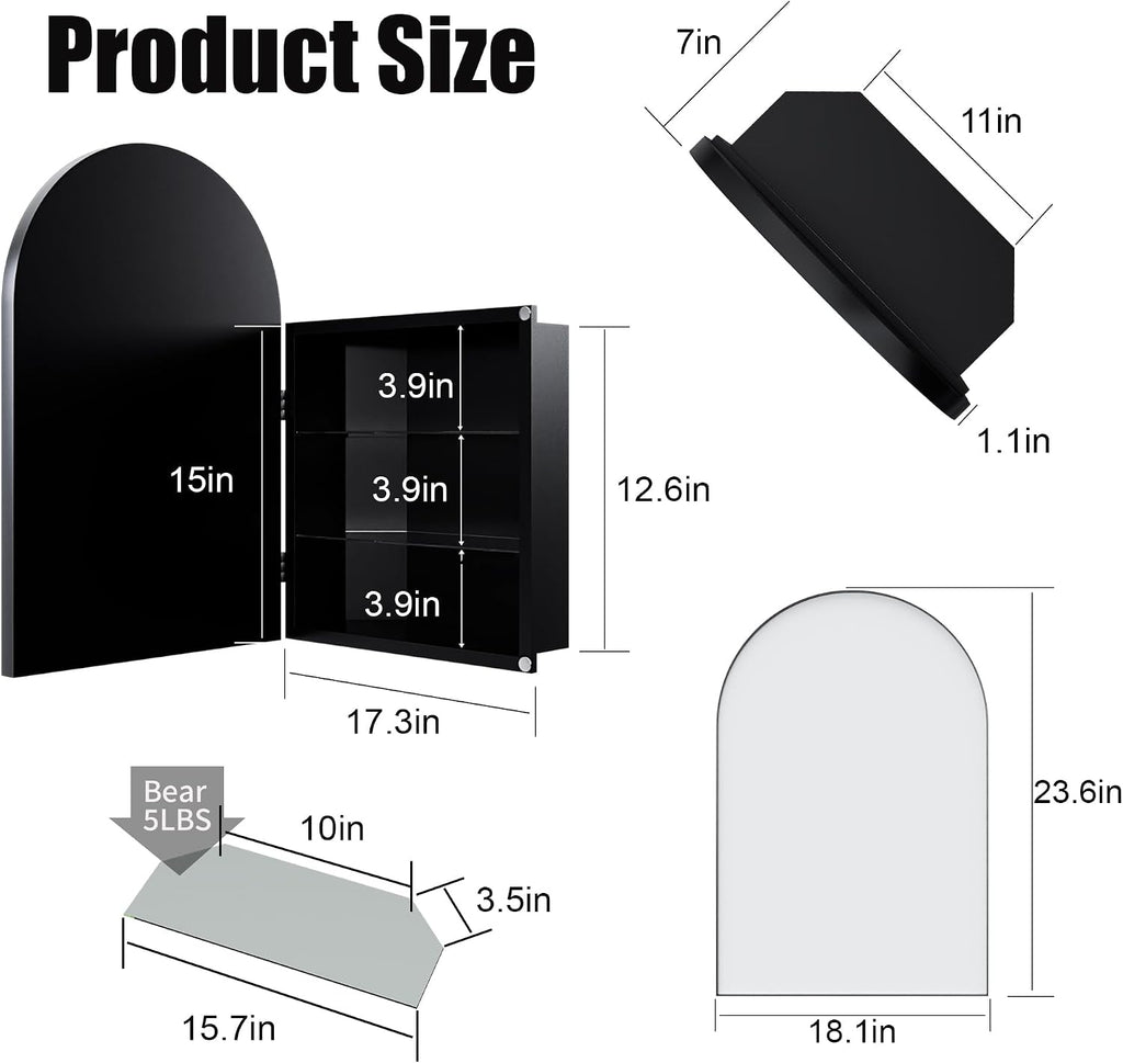 Corner Medicine Cabinet, Metal, Arched Mirror, 18x24 in | Metal construction, space-saving corner design, arched mirror door, adjustable tempered glass shelves, wall-mount ready