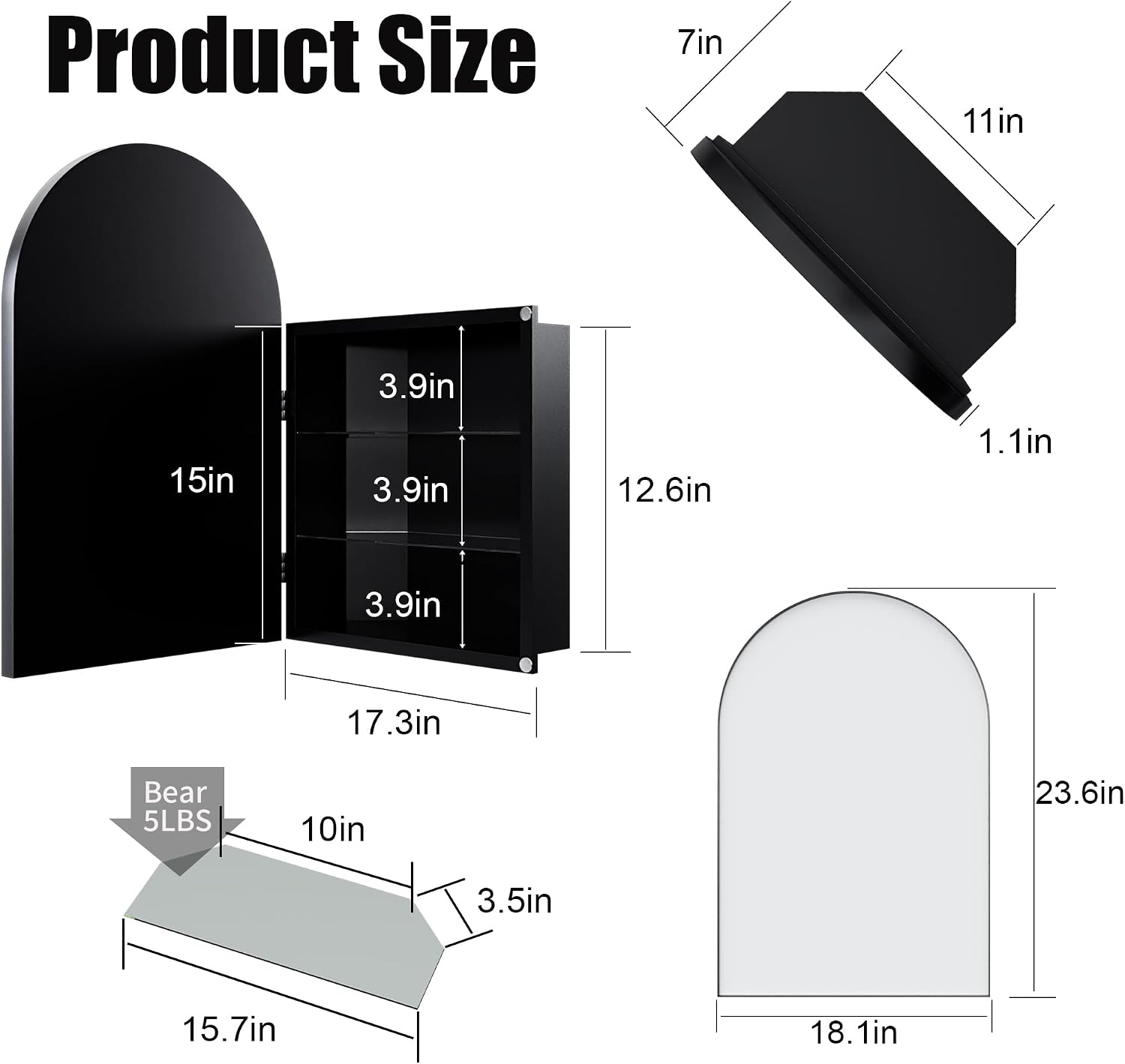 Corner Medicine Cabinet, Metal, Arched Mirror, 18x24 in | Metal construction, space-saving corner design, arched mirror door, adjustable tempered glass shelves, wall-mount ready