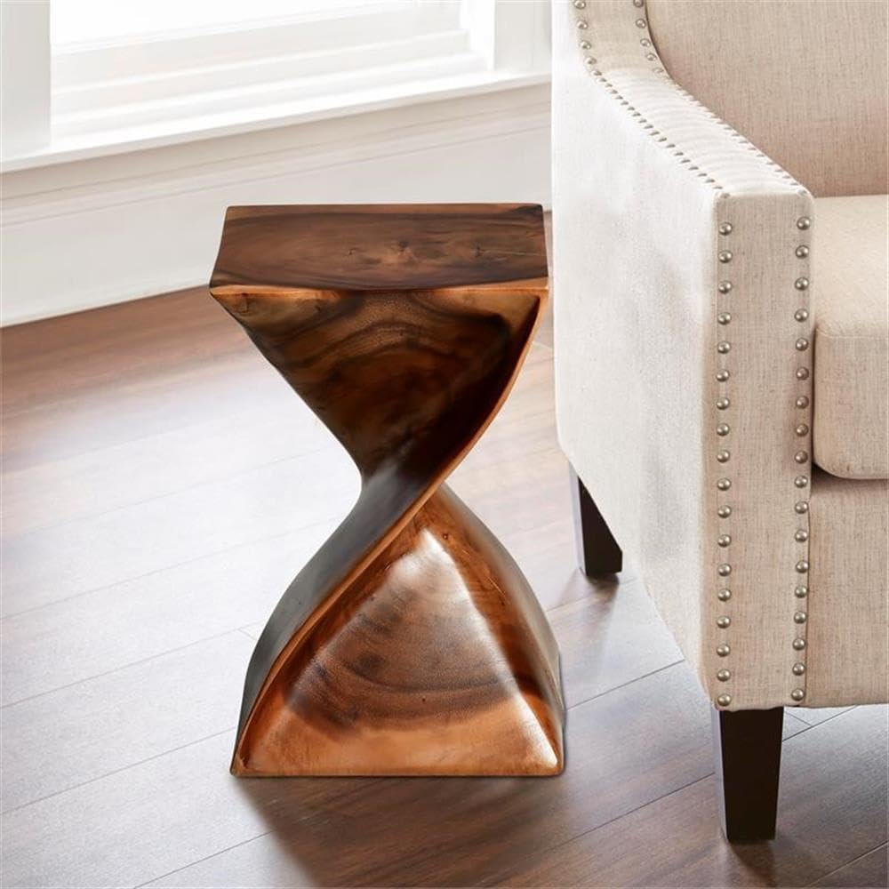 BOWERY HILL Modern Accent Side Table, 18 in H Solid Sheesham Wood, Natural Brown Wood Glaze Finish, Twist Silhouette, Versatile End Table or Plant Stand for Living Room or Bedroom Decor