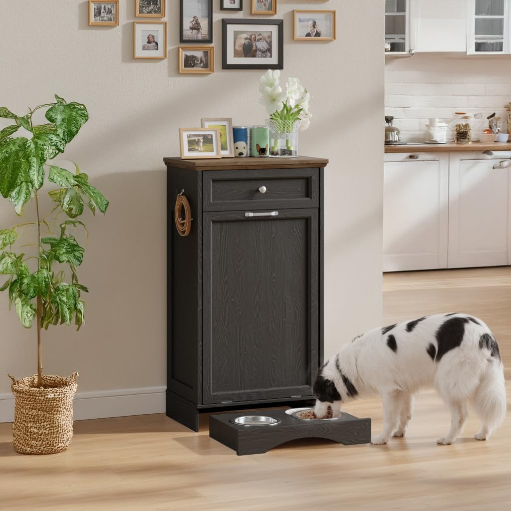 FIMELLO Dog Feeding Station, Tilt-Out Dog Food Storage Cabinet with Drawer,Pet Feeder Cabinet,Black Grain