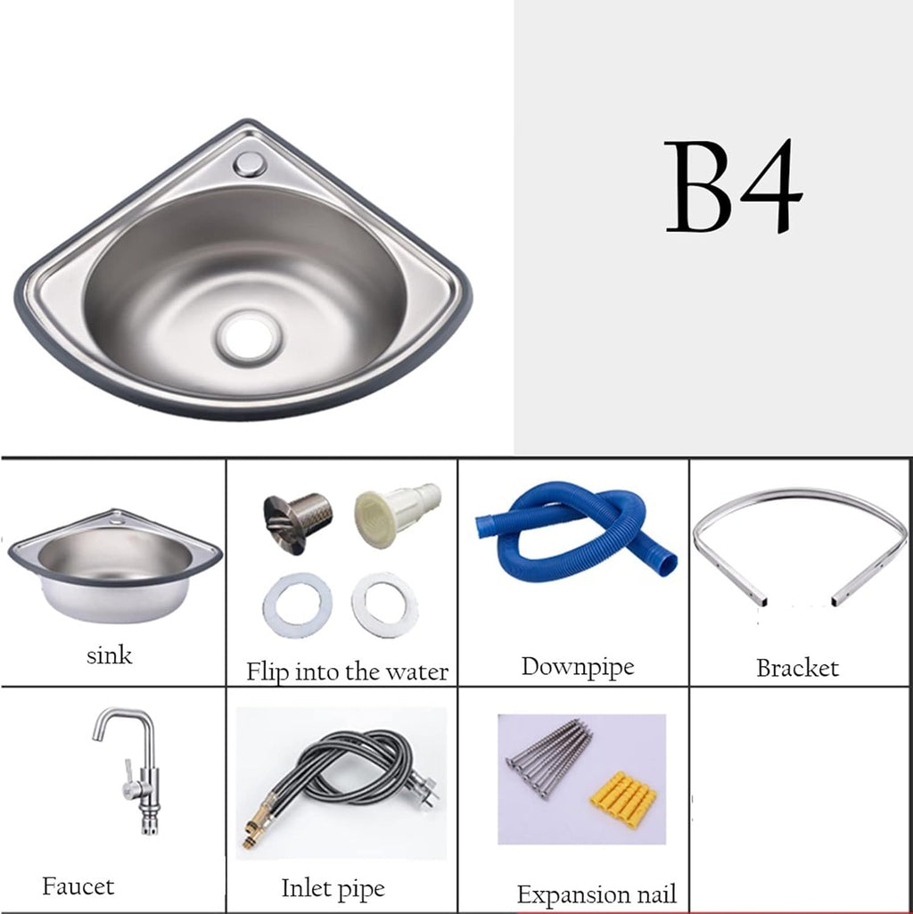 Stainless Steel Wall-Mounted Single Bowl Sink Triangle Wash Basin Thick Small Sink Corner for Kitchen Bathroom Lavatory (Color : Silver, Size : A(34x34cm)) (Silver B4(34x34cm))