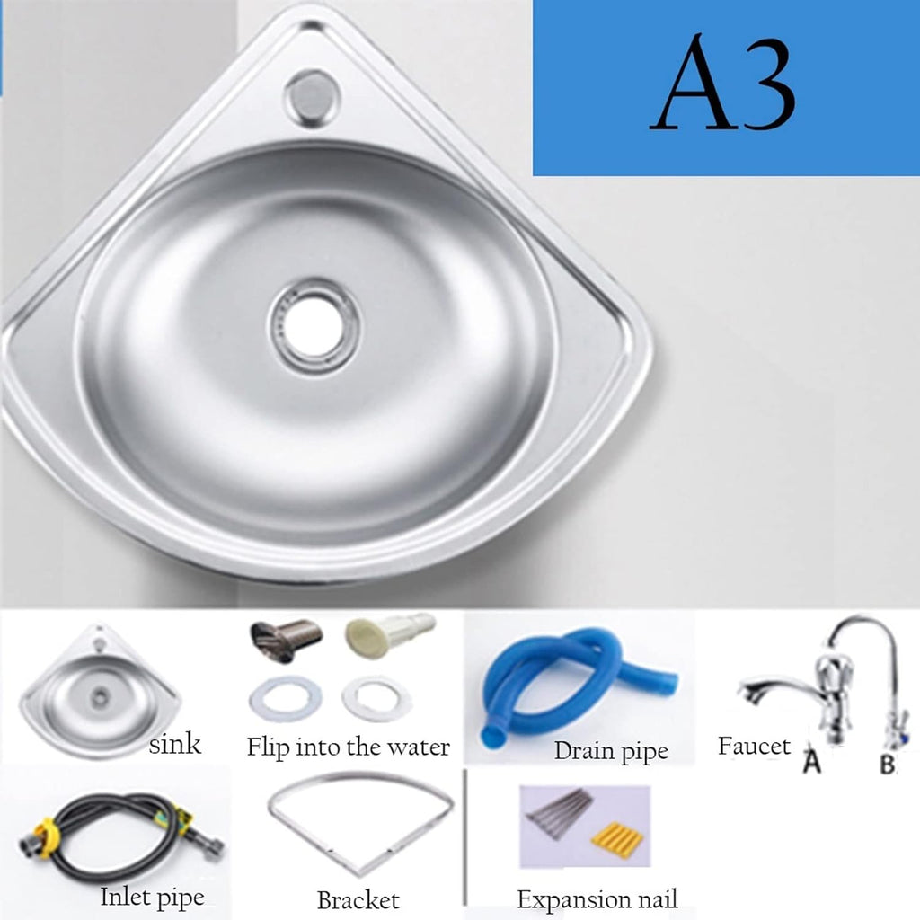 Single Bowl Sink Stainless Steel Triangle Wash Basin, Wall-Mounted Corner Sink Thick Wash Basin for RV, Campervan (Color : Silver, Size : B4(34x34cm)) (Silver A3(34x34cm))