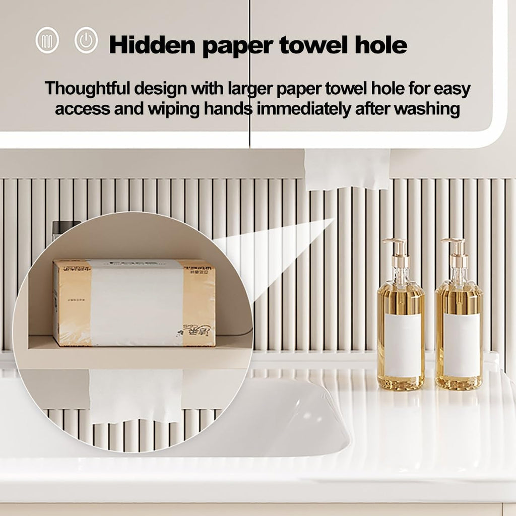 Rounded Corner Medicine Cabinet with LED Lights, Anti-Fog Bathroom Mirror Storage Shelf, Wall-Mounted Vanity Mirror for Bathroom, Stylish & Functional Design,Beige,60cm/24in