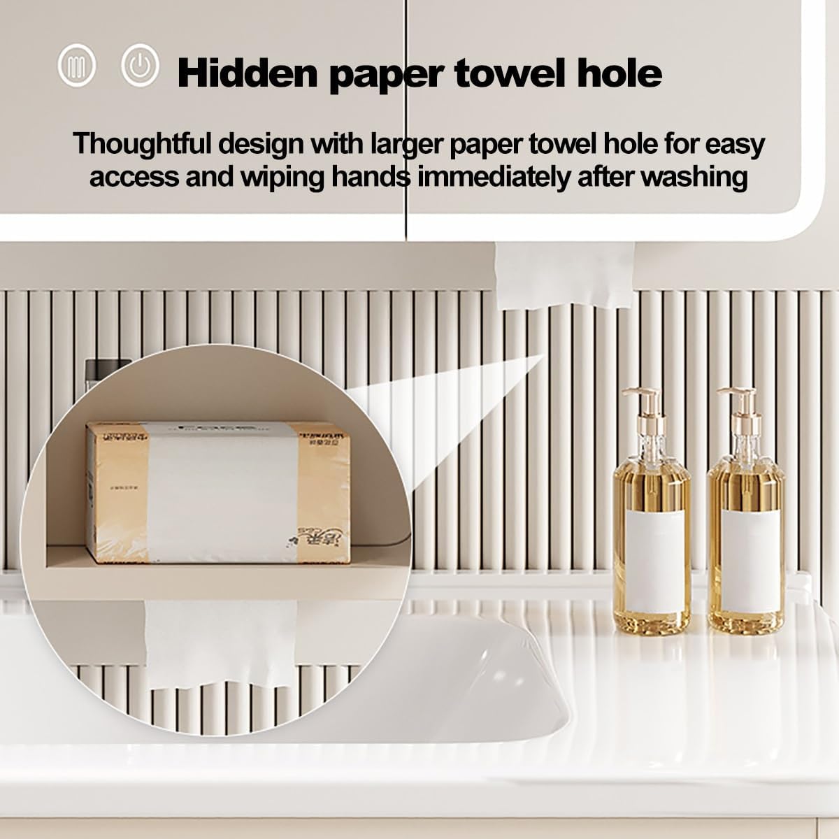 Rounded Corner Medicine Cabinet with LED Lights, Anti-Fog Bathroom Mirror Storage Shelf, Wall-Mounted Vanity Mirror for Bathroom, Stylish & Functional Design,Beige,60cm/24in