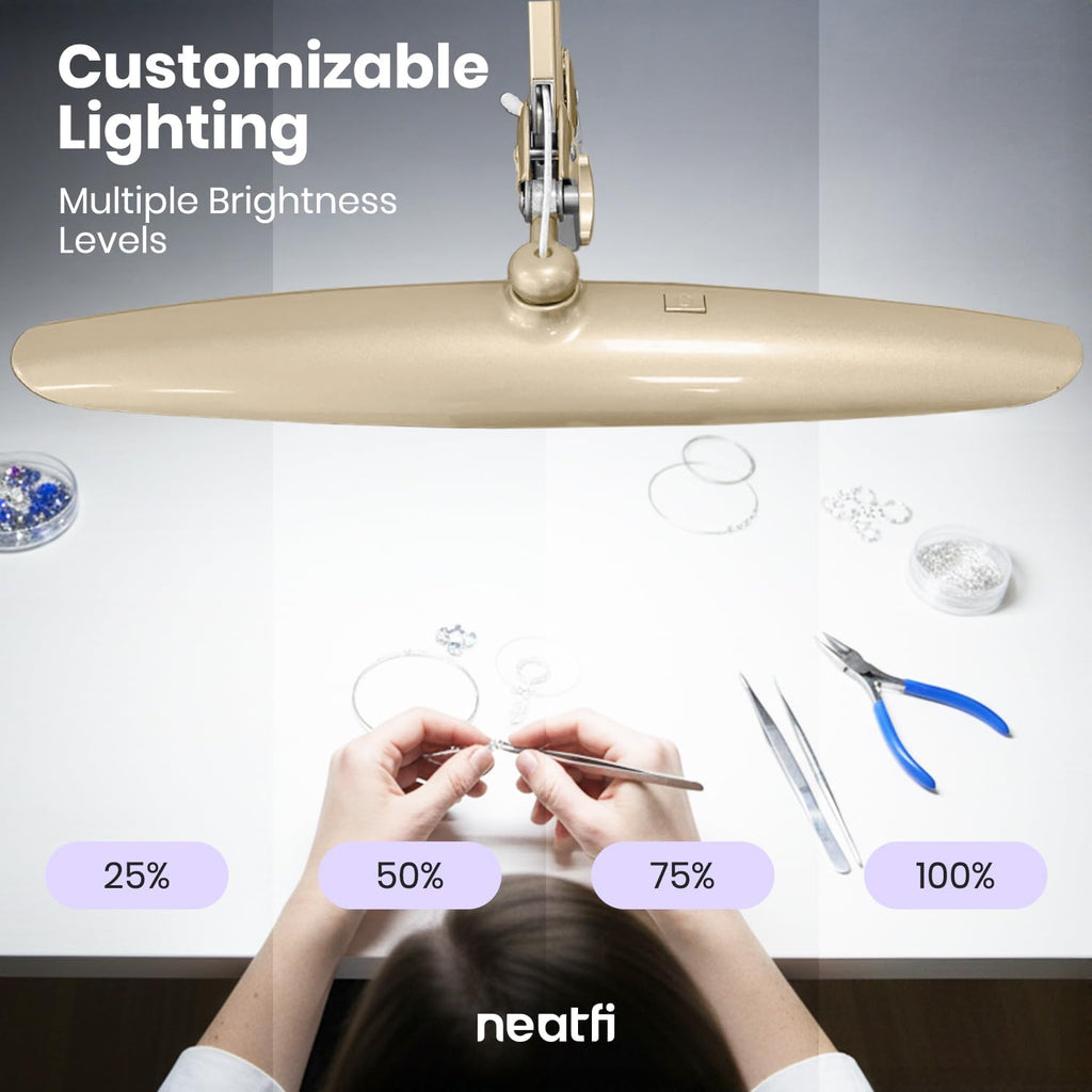 Neatfi XL 2200 Lumens 24W LED Desk Lamp – Shadow-Free Task Lighting | 4-Level Dimming | Home Office & Crafts Use | 20-Inch Wide Head (Gold, Non-CCT with Clamp)