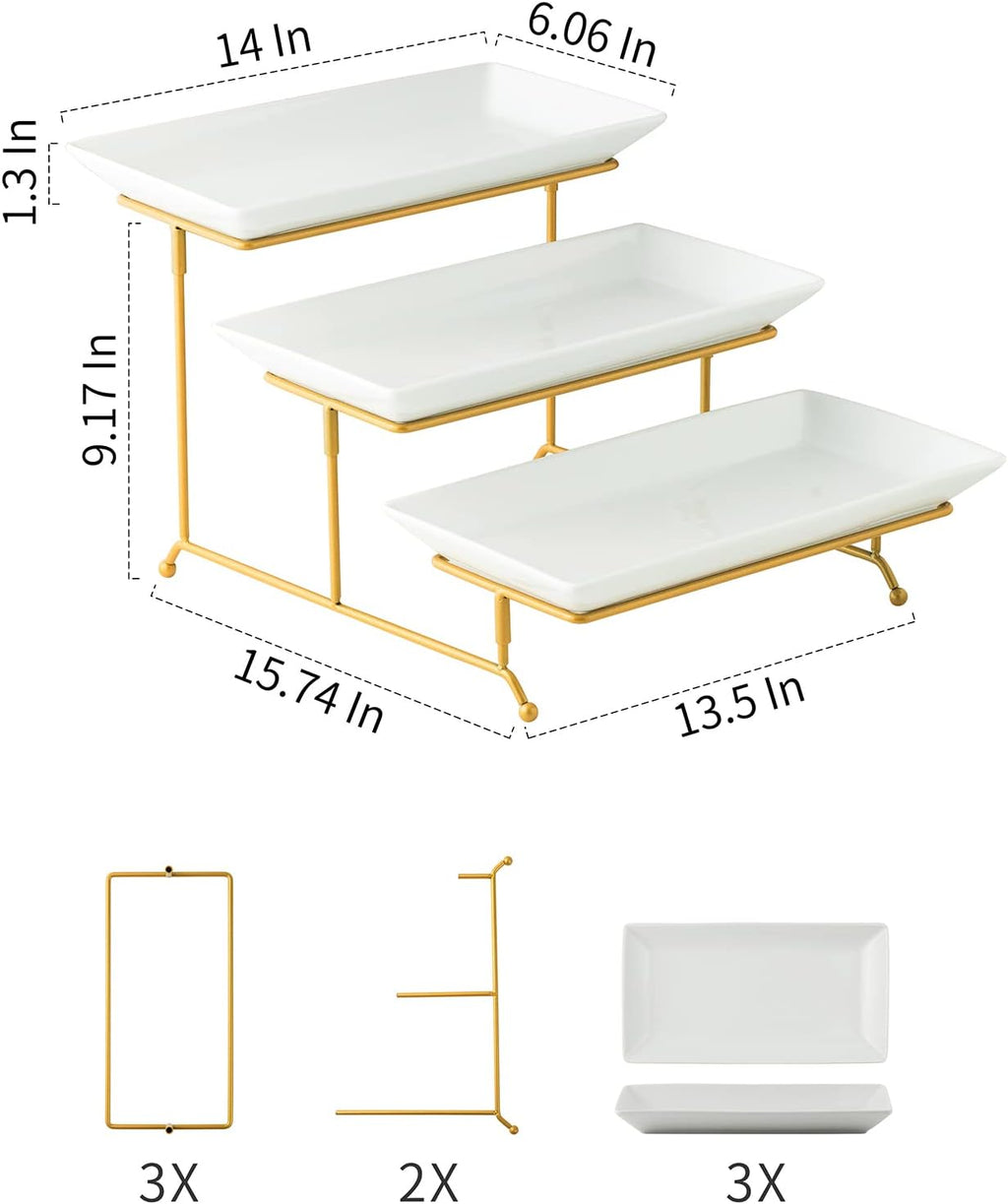 Gomakren Serving Bowls with Handles, 15/28/47 oz and 3 Tiered Oval Serving Bowl With Collapsible Metal Rack and 3 Tier Serving Trays Stand 14 Inches White Platters