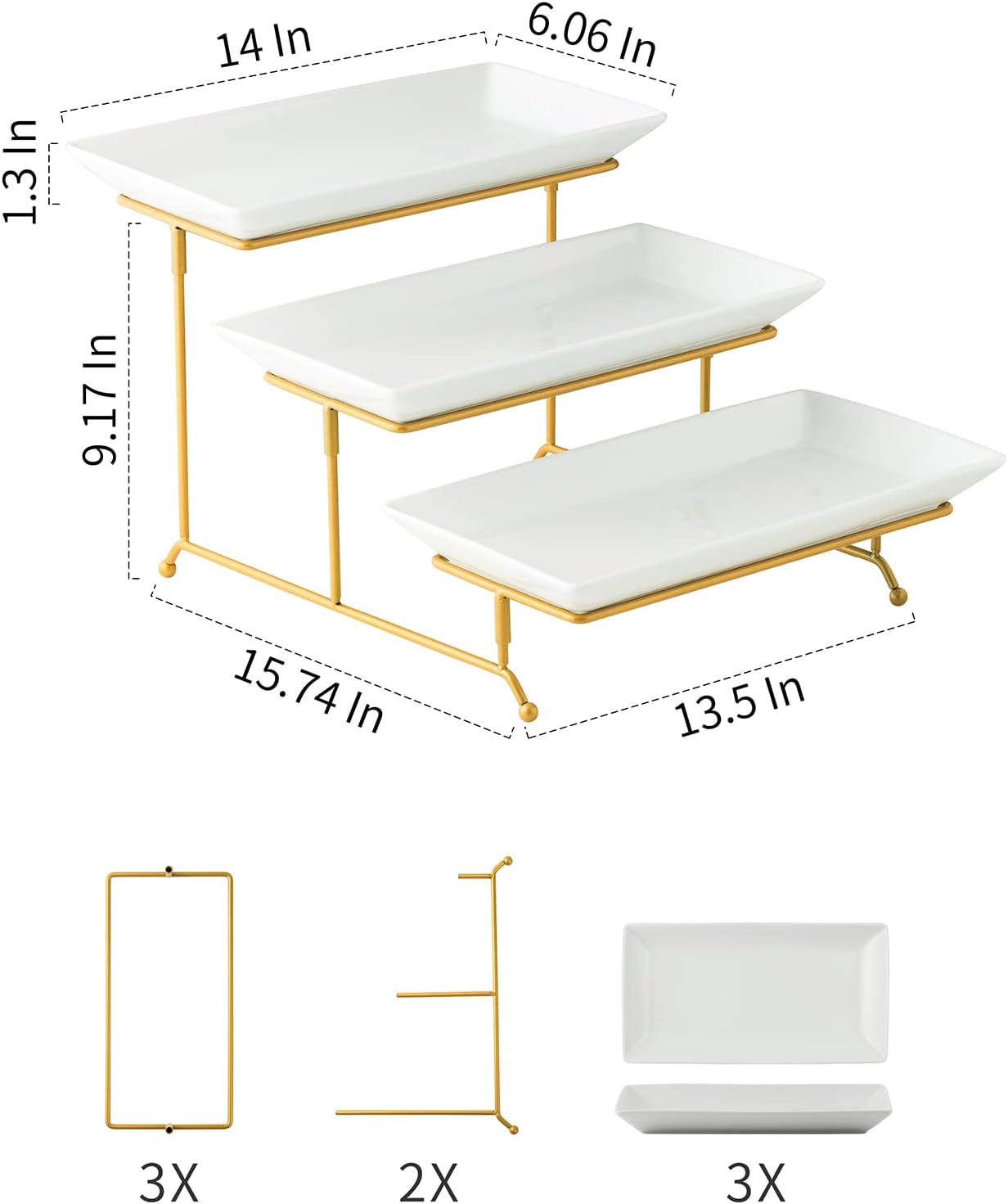 Gomakren Serving Bowls with Handles, 15/28/47 oz and 3 Tiered Oval Serving Bowl With Collapsible Metal Rack and 3 Tier Serving Trays Stand 14 Inches White Platters