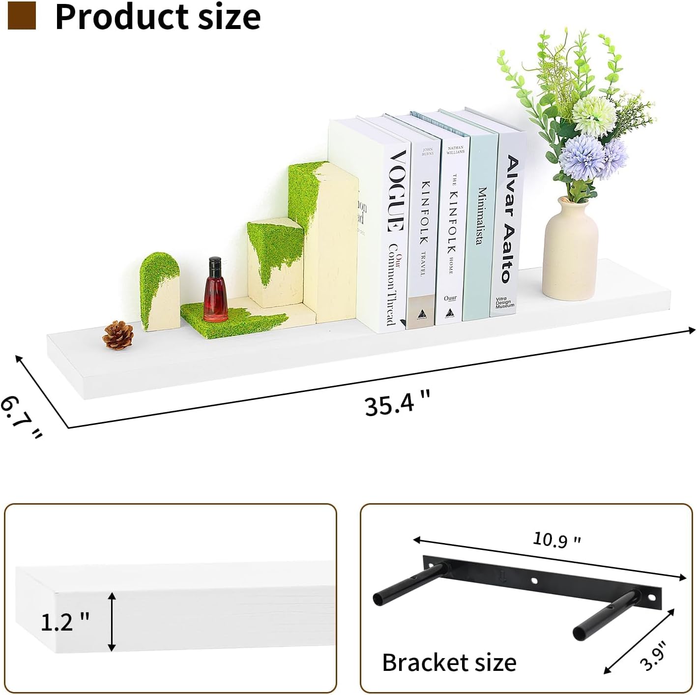 Floating Shelves for Wall, 35.4 inches Wall Mounted Rustic Wood Shelves for Bathroom, Living Room, Bedroom and Kitchen,Books,Room Decor - White,Set of 6