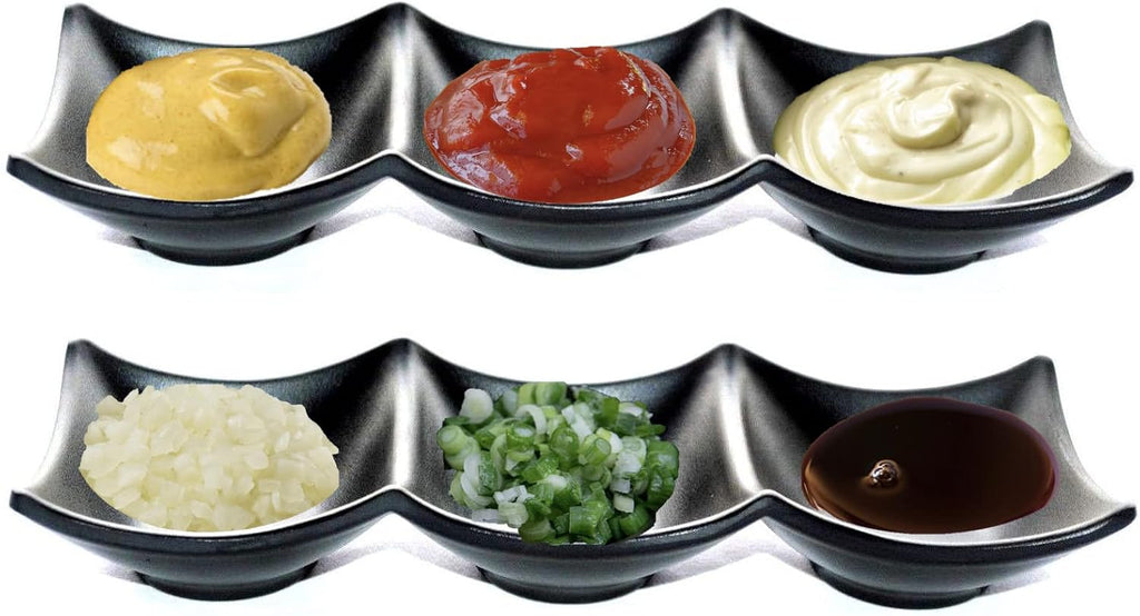 Lucky Star Melamine 3-Compartment Divided Soy Sauce Dishes Wasabi Sushi Sashimi Rectangular Plastic Dipping Plates, 7-7/8' X 2-3/4', Black (80)