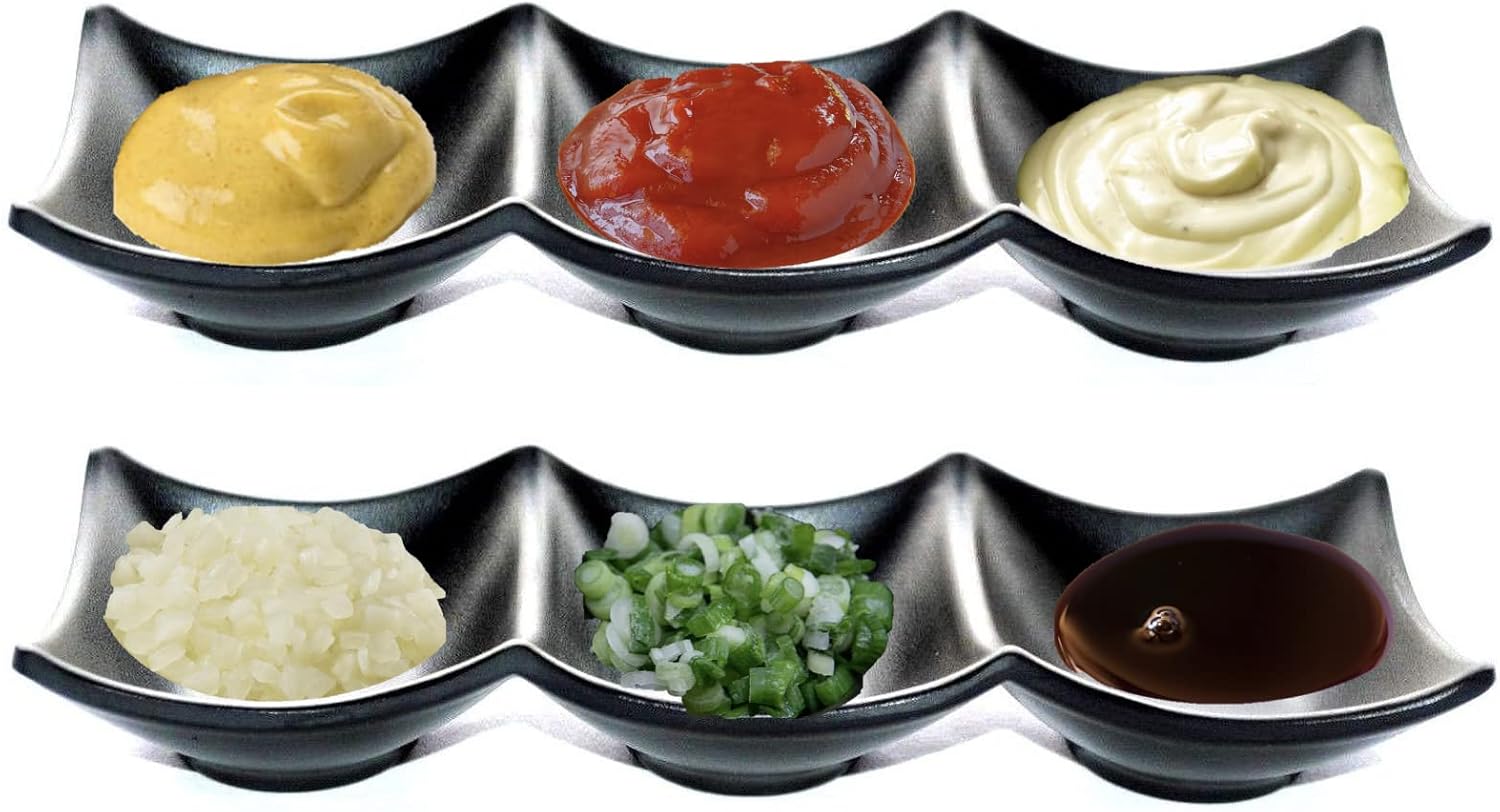 Lucky Star Melamine 3-Compartment Divided Soy Sauce Dishes Wasabi Sushi Sashimi Rectangular Plastic Dipping Plates, 7-7/8' X 2-3/4', Black (120)