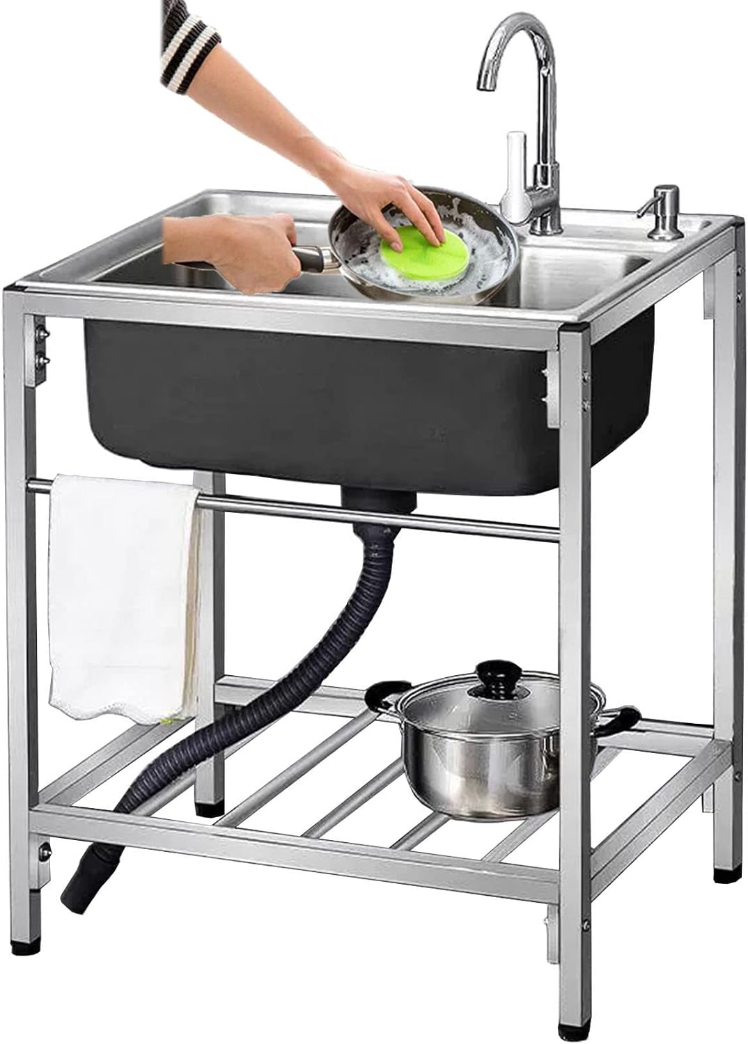 Free Standing Stainless-Steel Single Bowl Sink Commercial Restaurant Kitchen Prep Utility Sink Set with Faucet and Storage Shelve, Washing Hand Basin Laundry tub for Indoor Outdoor