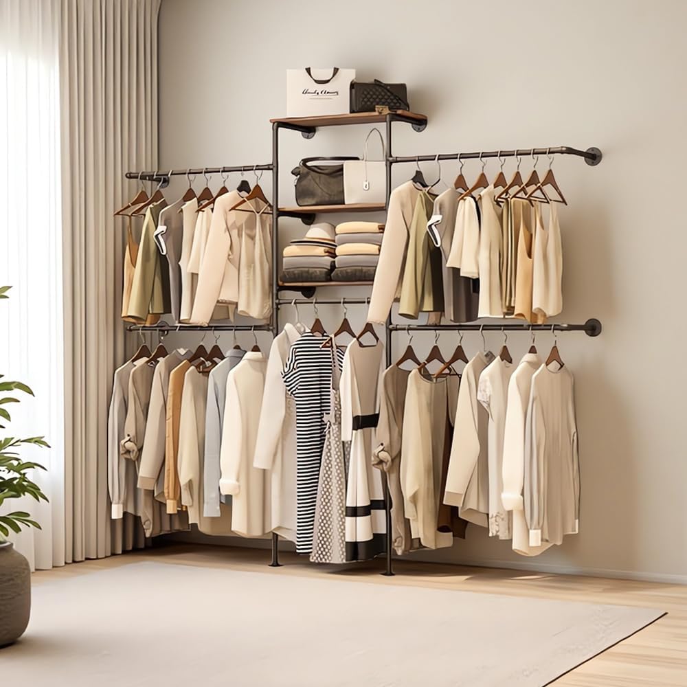 KaKaBB Industrial Pipe Clothing Rack - Heavy Duty Wall Mounted Clothes Rack, Corner Closet System, DIY Wardrobe Organizer with Shelves, Walk in Closet Storage (BLACK, 94.5')